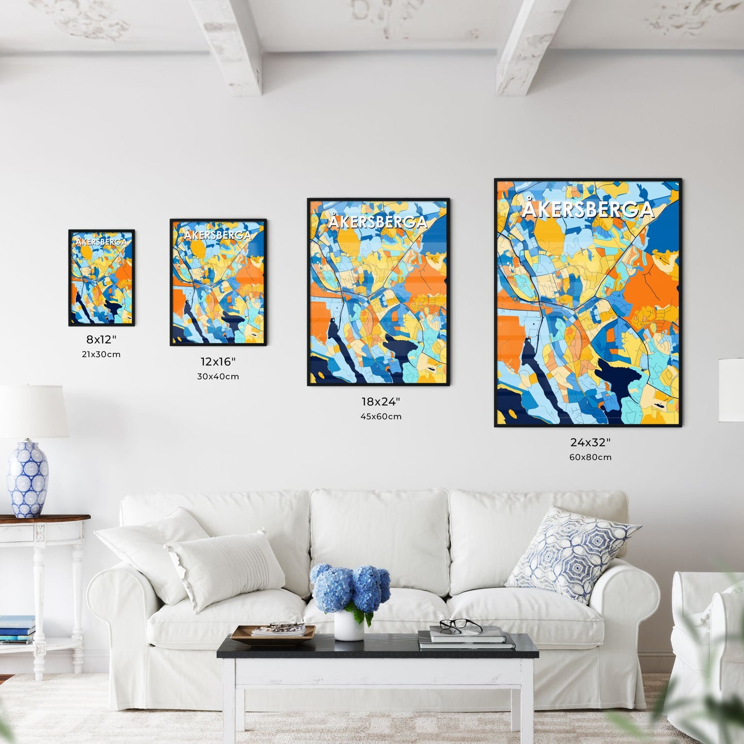 ÅKERSBERGA SWEDEN Vibrant Colorful Art Map Poster Blue Orange