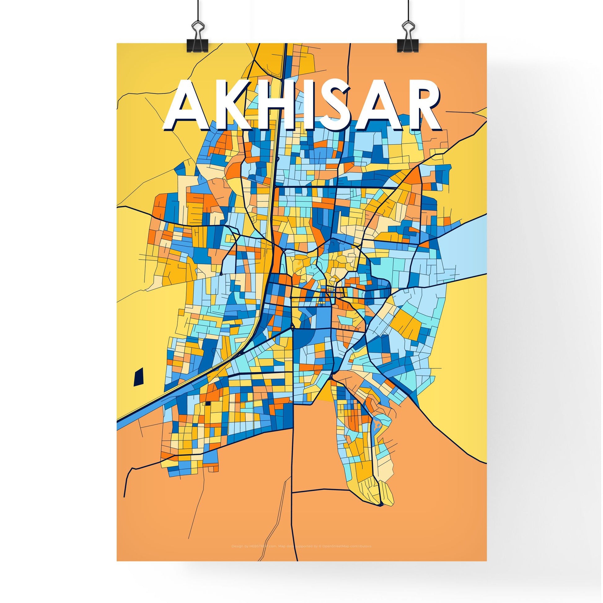 AKHISAR TURKEY Vibrant Colorful Art Map Poster Blue Orange