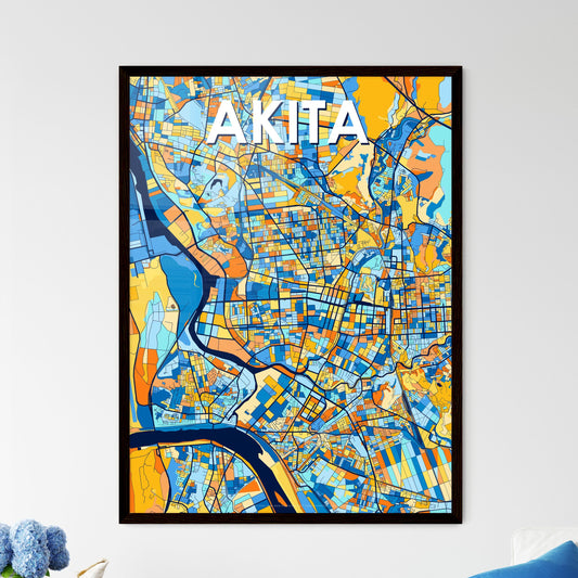 AKITA JAPAN Vibrant Colorful Art Map Poster Blue Orange