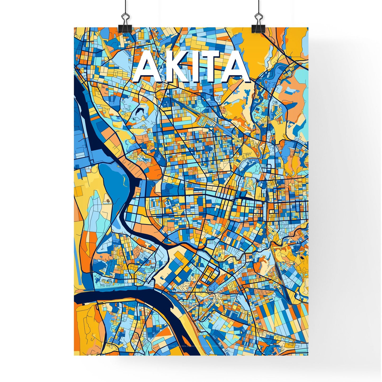 AKITA JAPAN Vibrant Colorful Art Map Poster Blue Orange