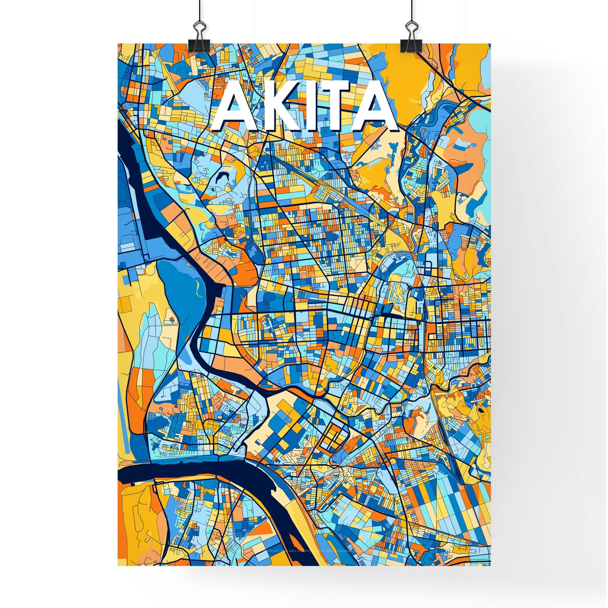 AKITA JAPAN Vibrant Colorful Art Map Poster Blue Orange