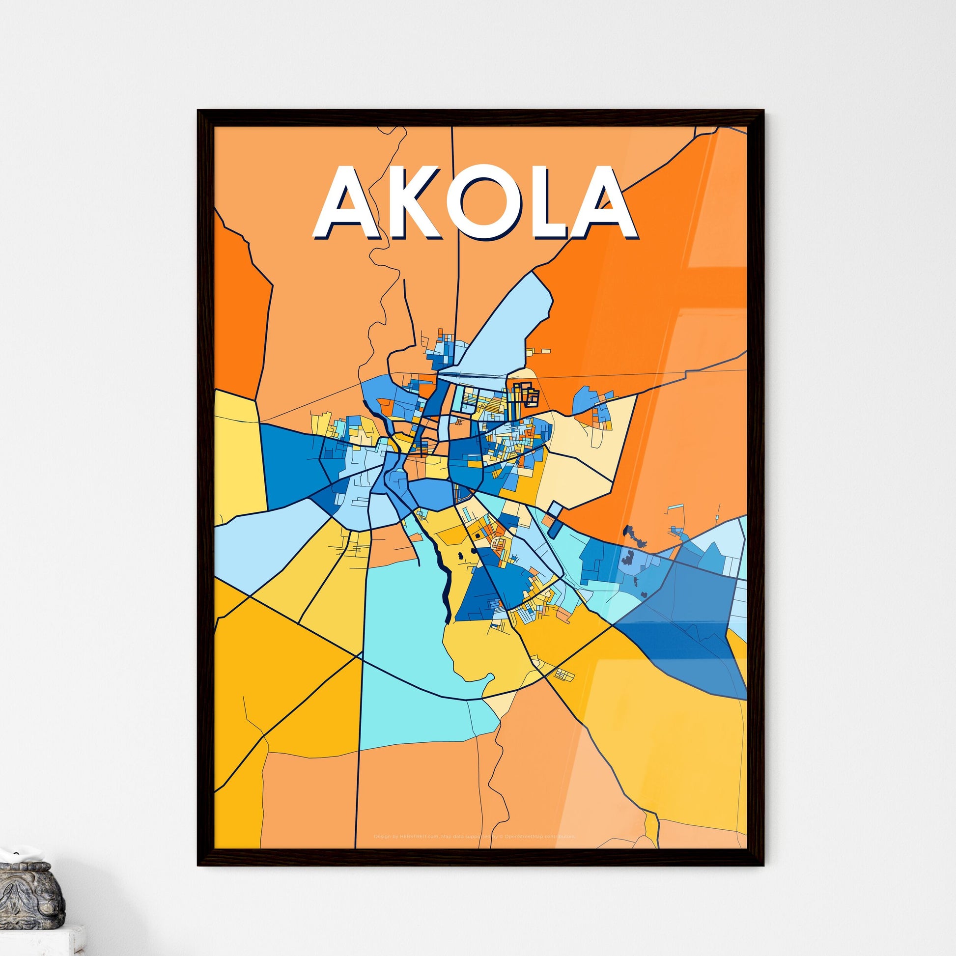 AKOLA INDIA Vibrant Colorful Art Map Poster Blue Orange