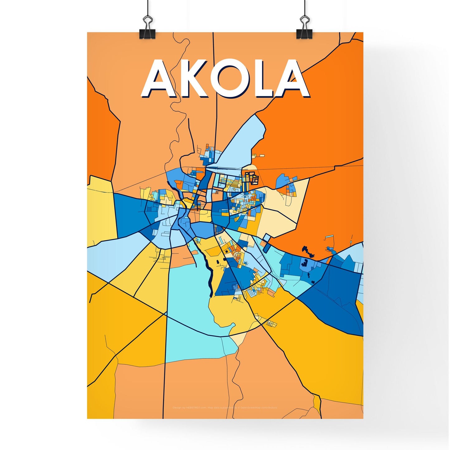 AKOLA INDIA Vibrant Colorful Art Map Poster Blue Orange