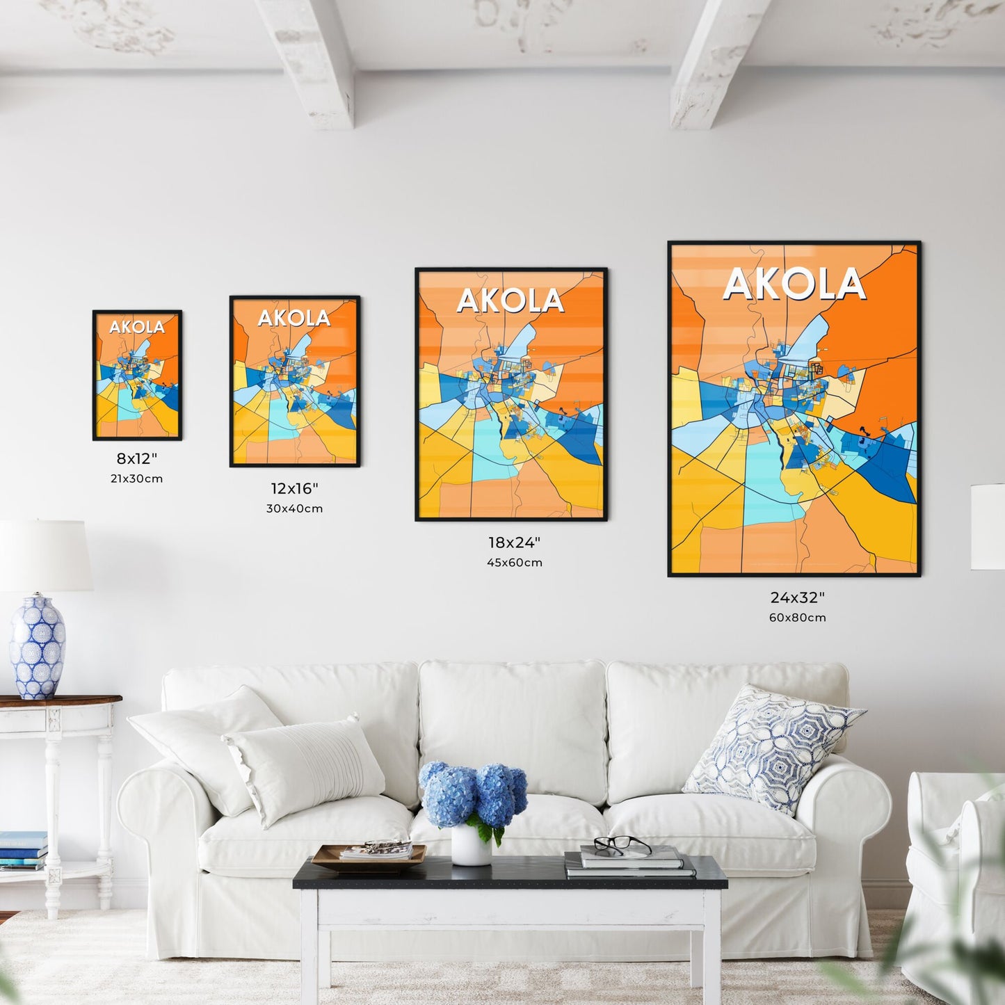 AKOLA INDIA Vibrant Colorful Art Map Poster Blue Orange