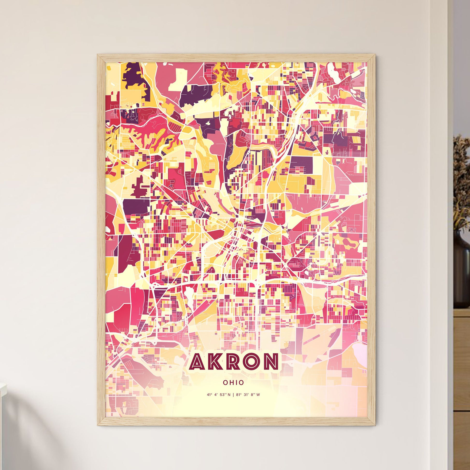 Colorful Akron Ohio Fine Art Map Hot Red