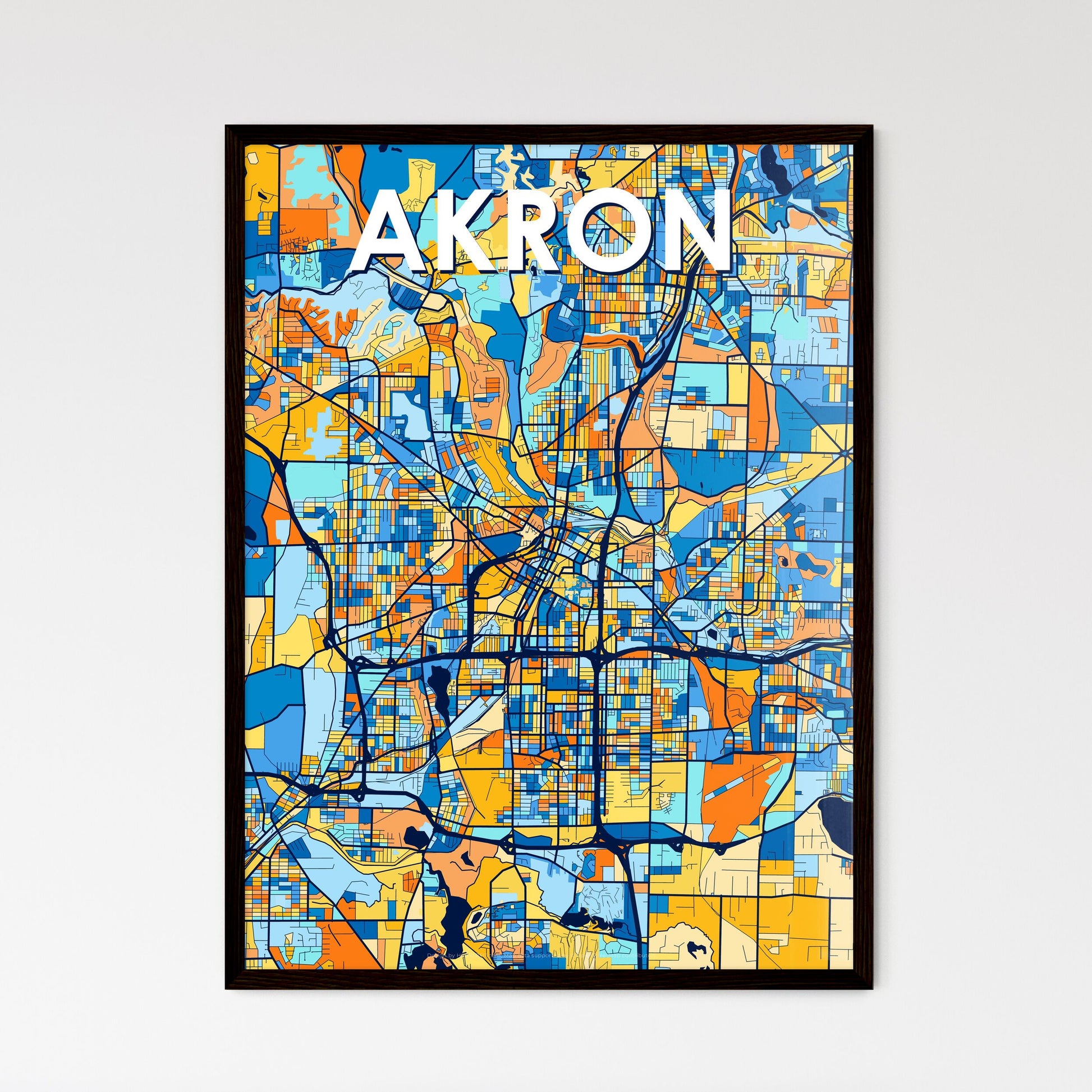 AKRON OHIO Vibrant Colorful Art Map Poster Blue Orange