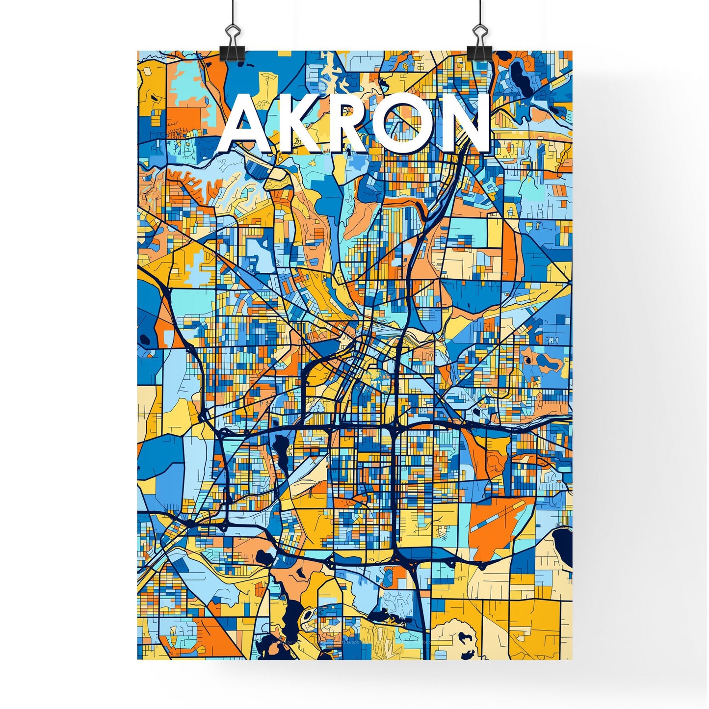 AKRON OHIO Vibrant Colorful Art Map Poster Blue Orange