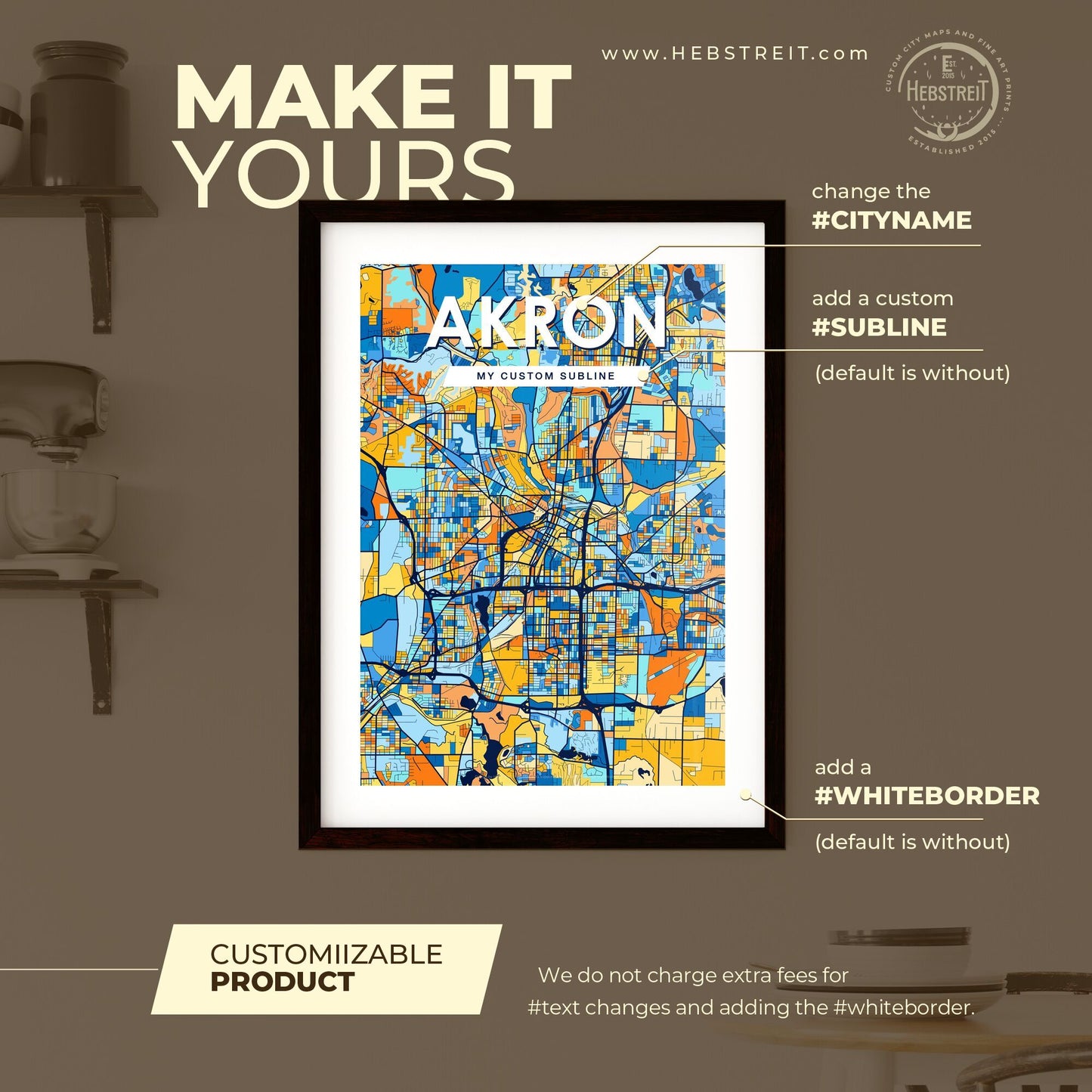 AKRON OHIO Vibrant Colorful Art Map Poster Blue Orange