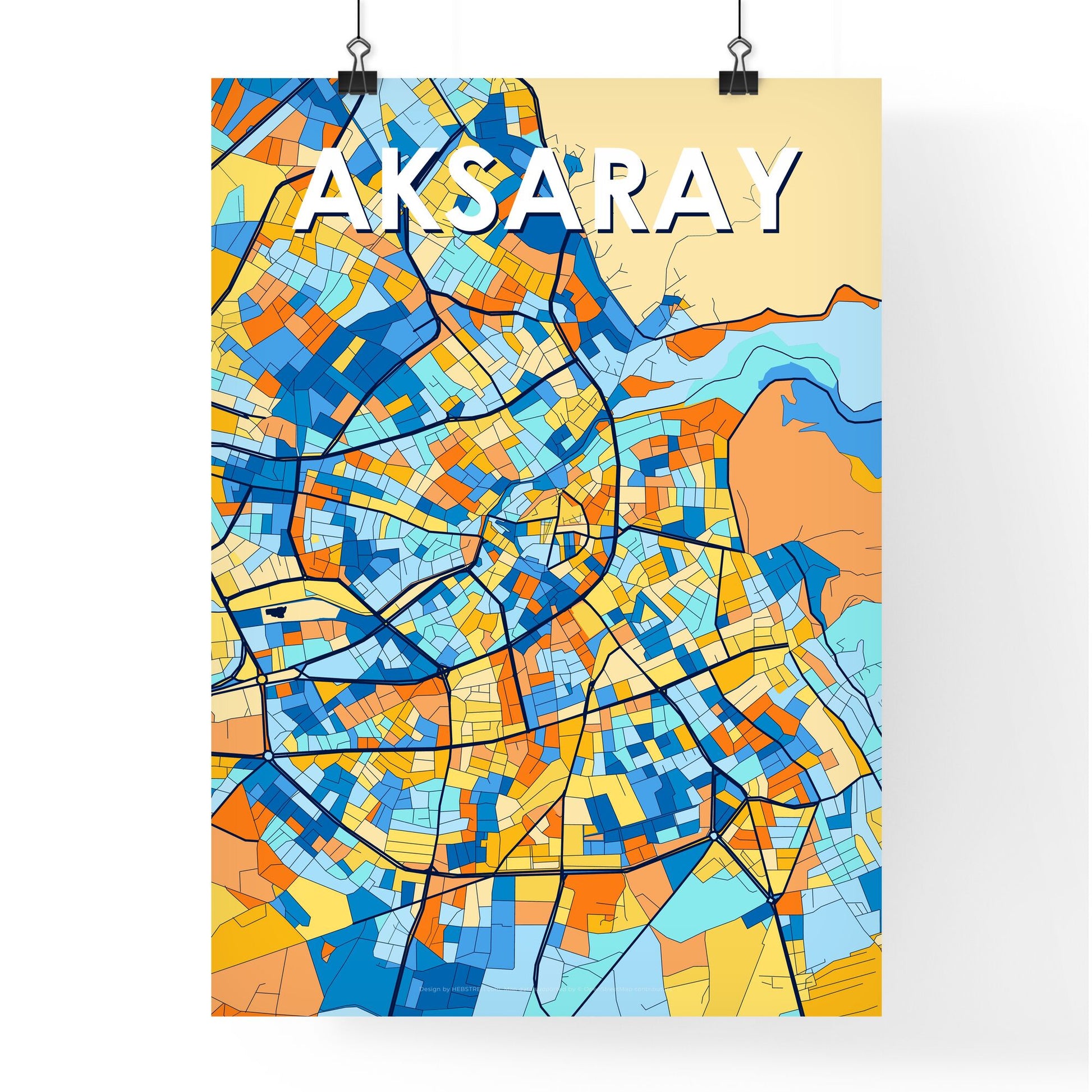 AKSARAY TURKEY Vibrant Colorful Art Map Poster Blue Orange