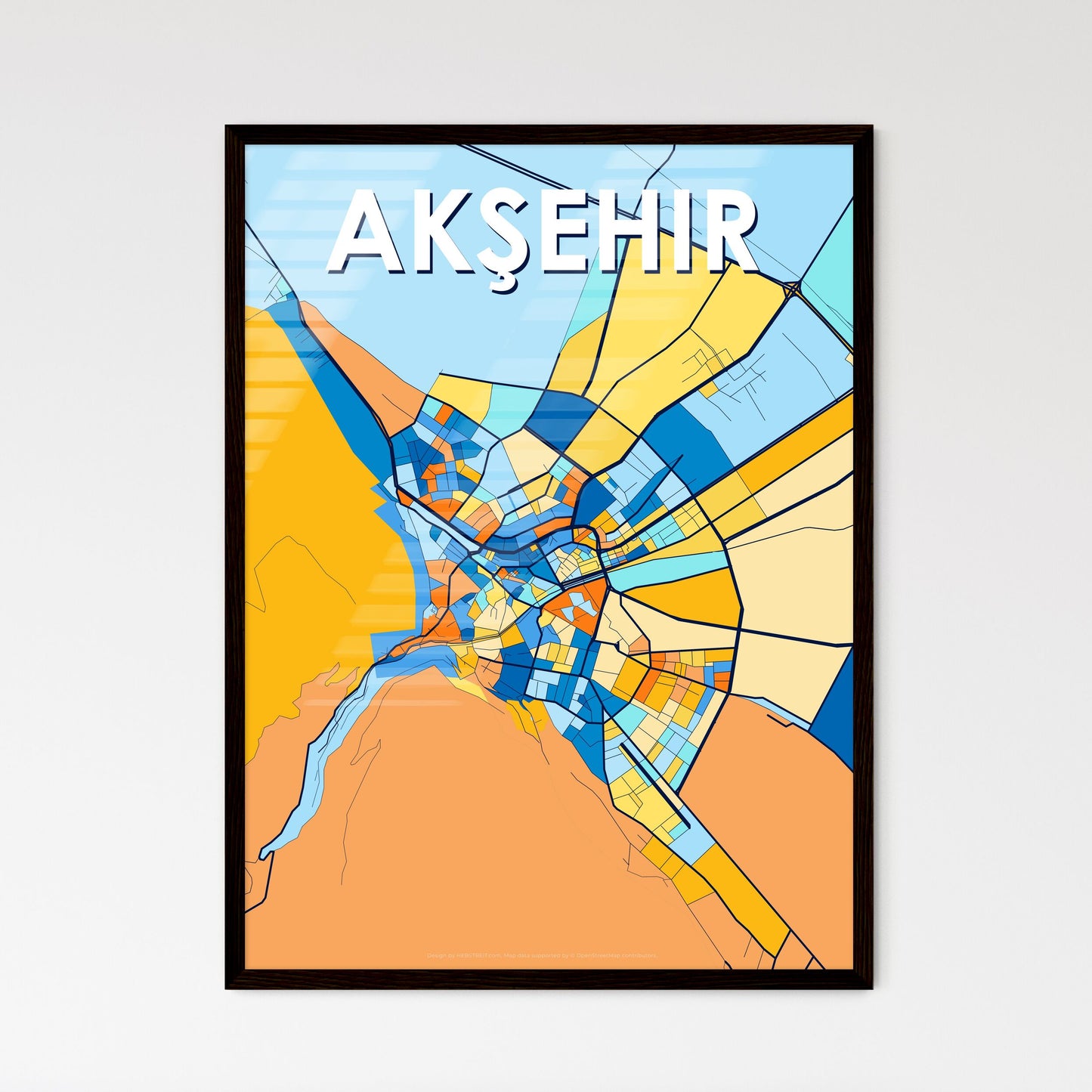 AKŞEHIR TURKEY Vibrant Colorful Art Map Poster Blue Orange