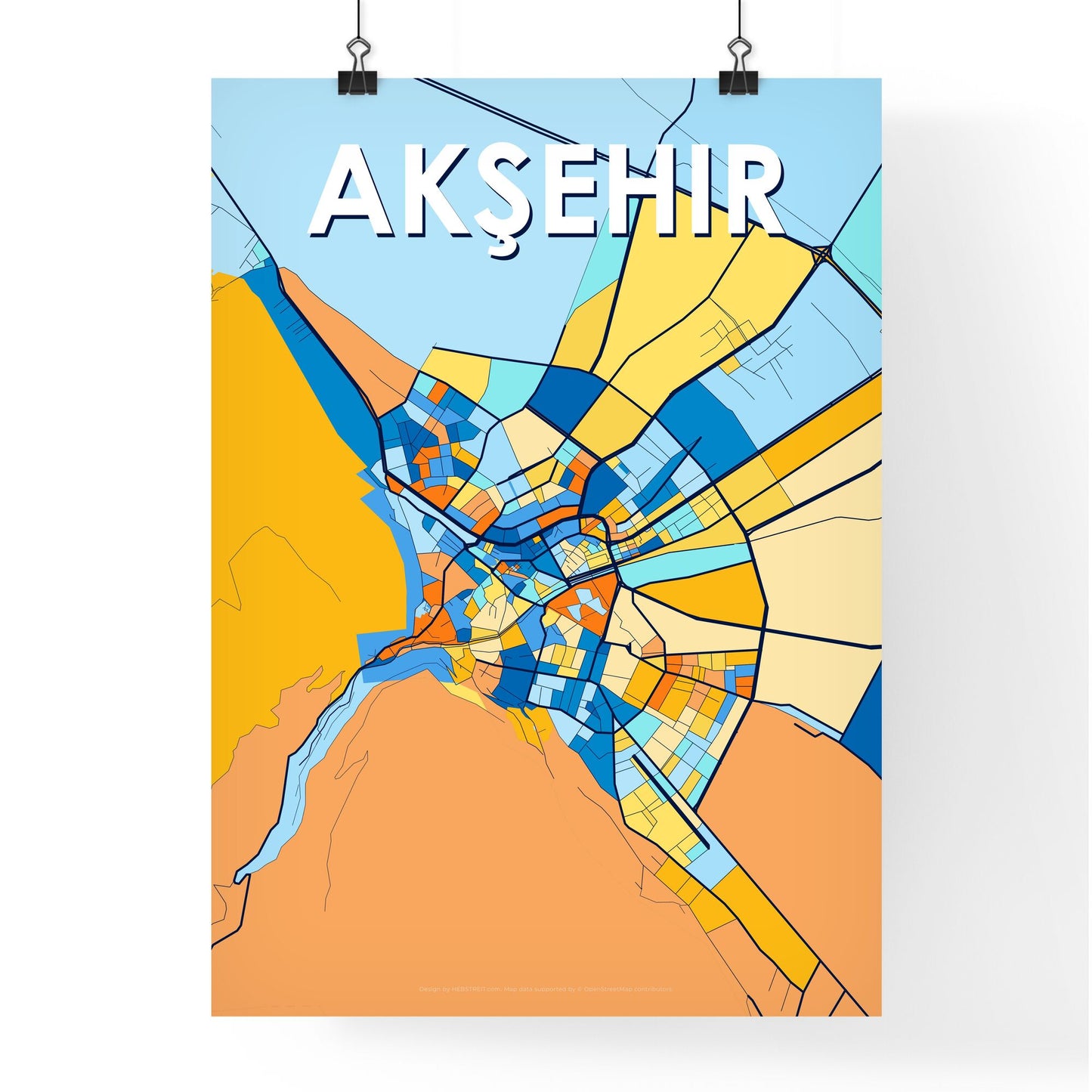 AKŞEHIR TURKEY Vibrant Colorful Art Map Poster Blue Orange