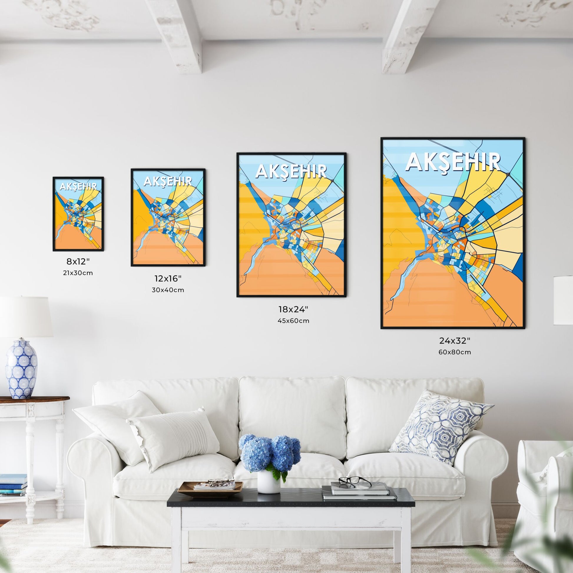 AKŞEHIR TURKEY Vibrant Colorful Art Map Poster Blue Orange