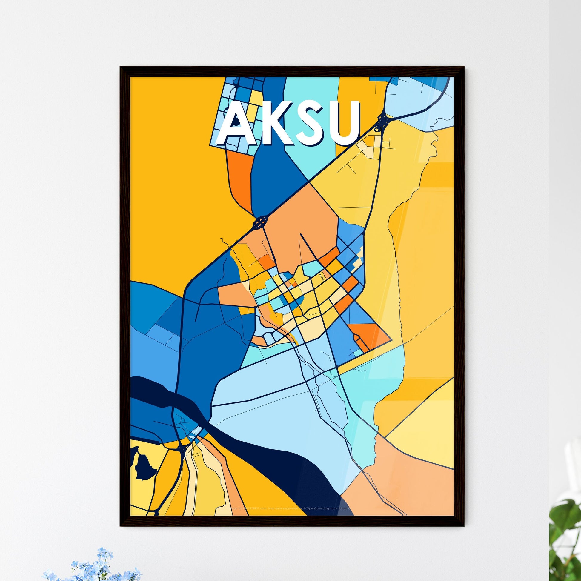 AKSU CHINA Vibrant Colorful Art Map Poster Blue Orange