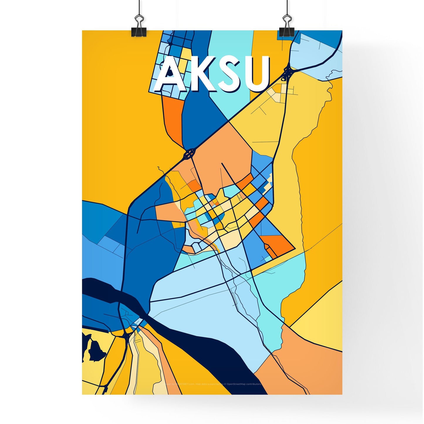 AKSU CHINA Vibrant Colorful Art Map Poster Blue Orange