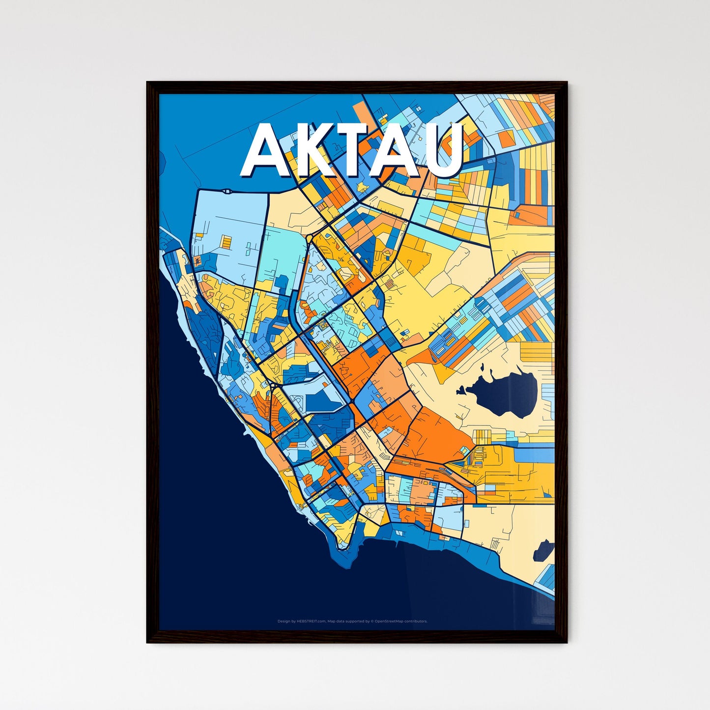 AKTAU KAZAKHSTAN Vibrant Colorful Art Map Poster Blue Orange