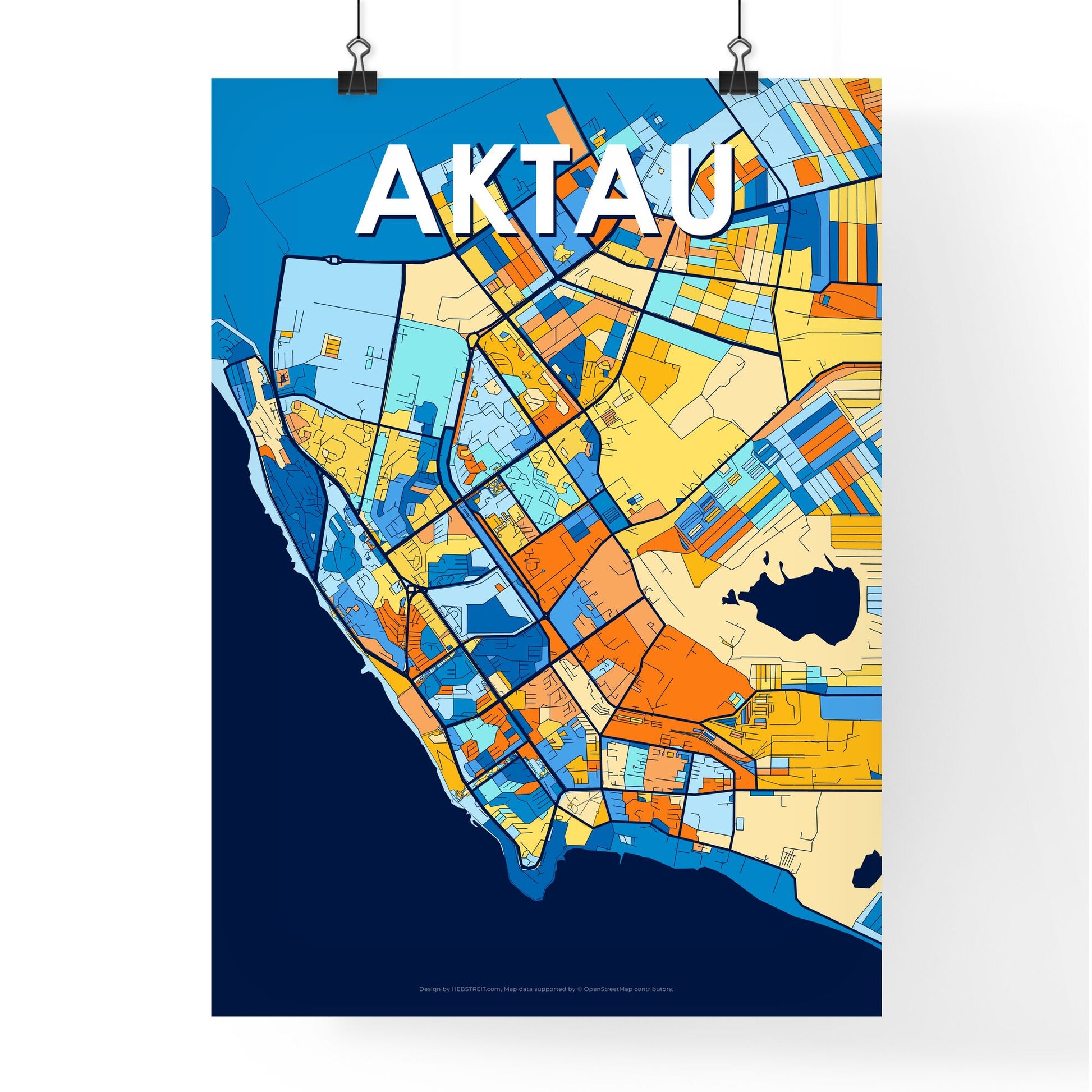 AKTAU KAZAKHSTAN Vibrant Colorful Art Map Poster Blue Orange