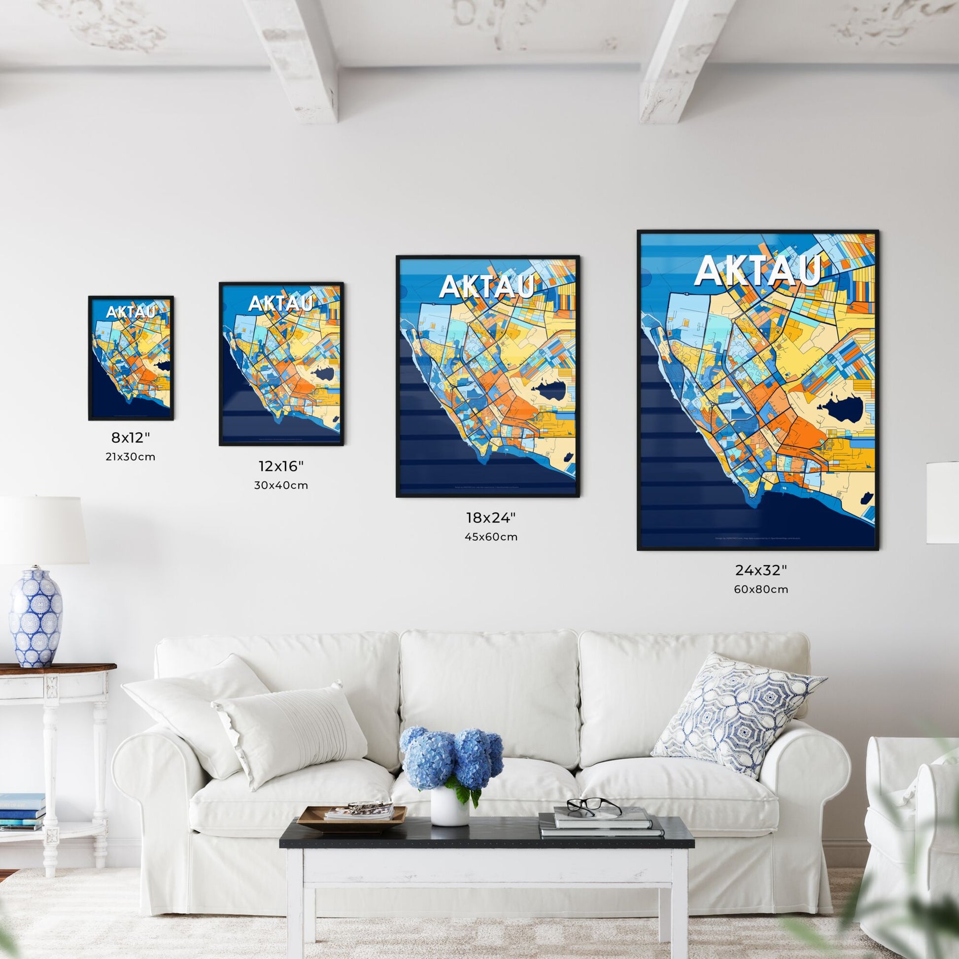 AKTAU KAZAKHSTAN Vibrant Colorful Art Map Poster Blue Orange