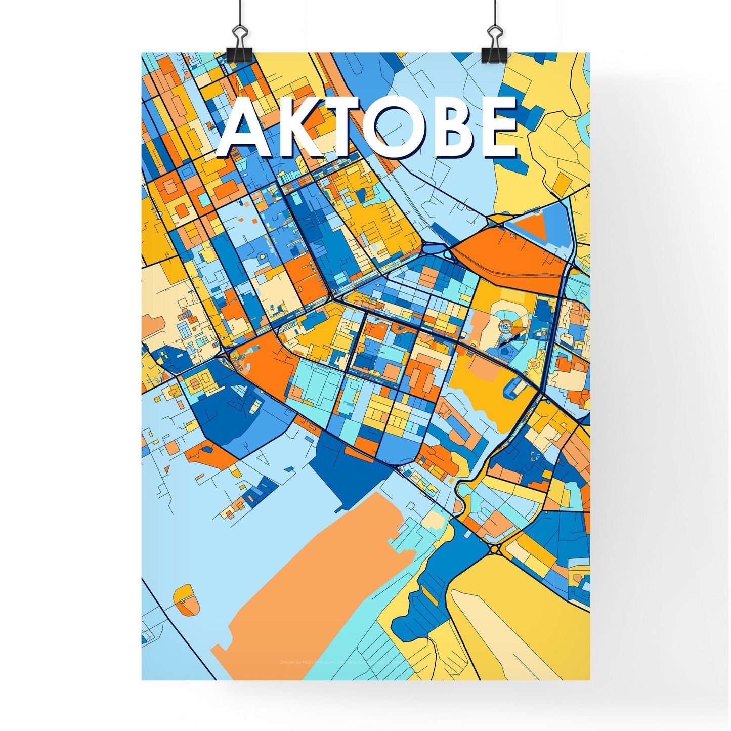 AKTOBE KAZAKHSTAN Vibrant Colorful Art Map Poster Blue Orange