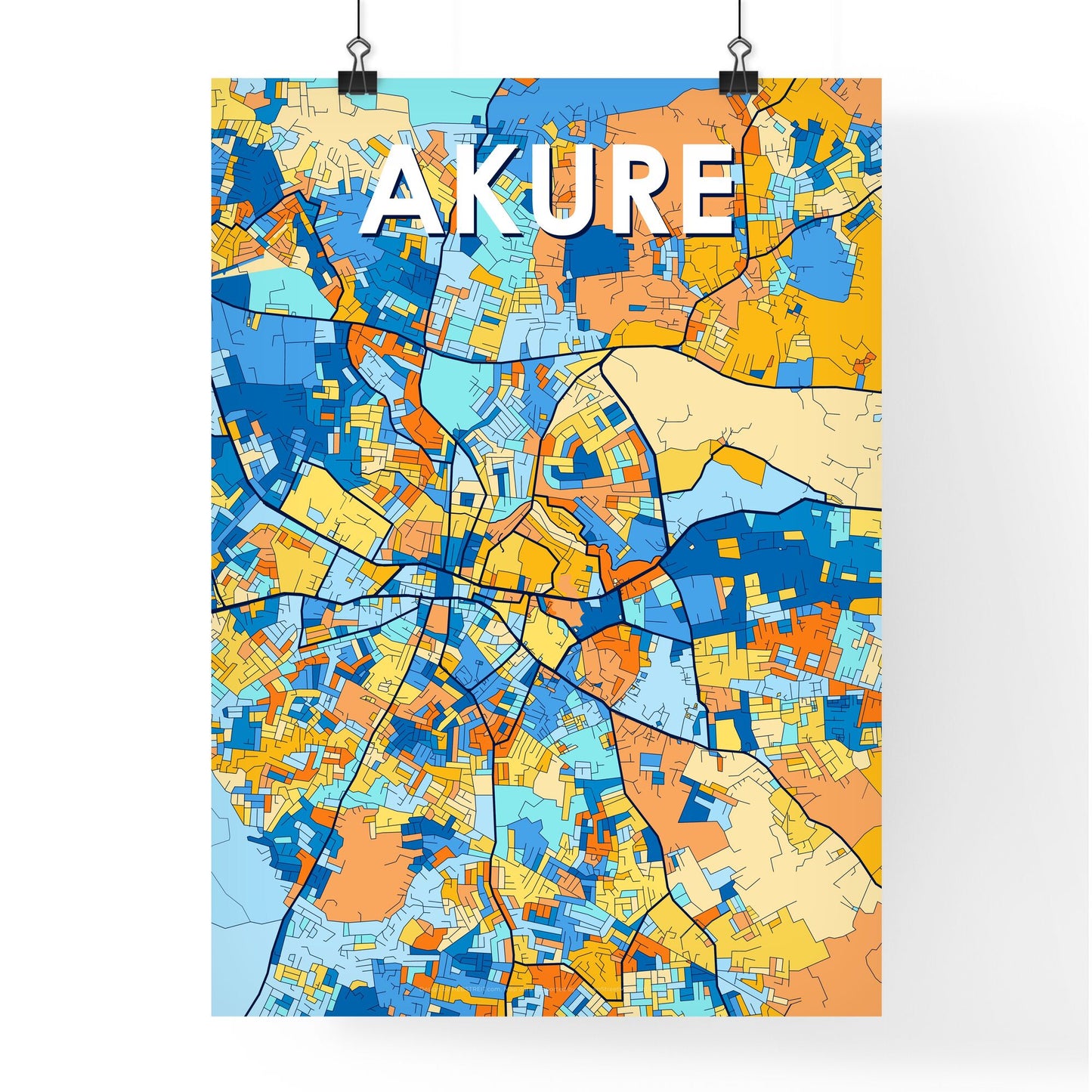 AKURE NIGERIA Vibrant Colorful Art Map Poster Blue Orange