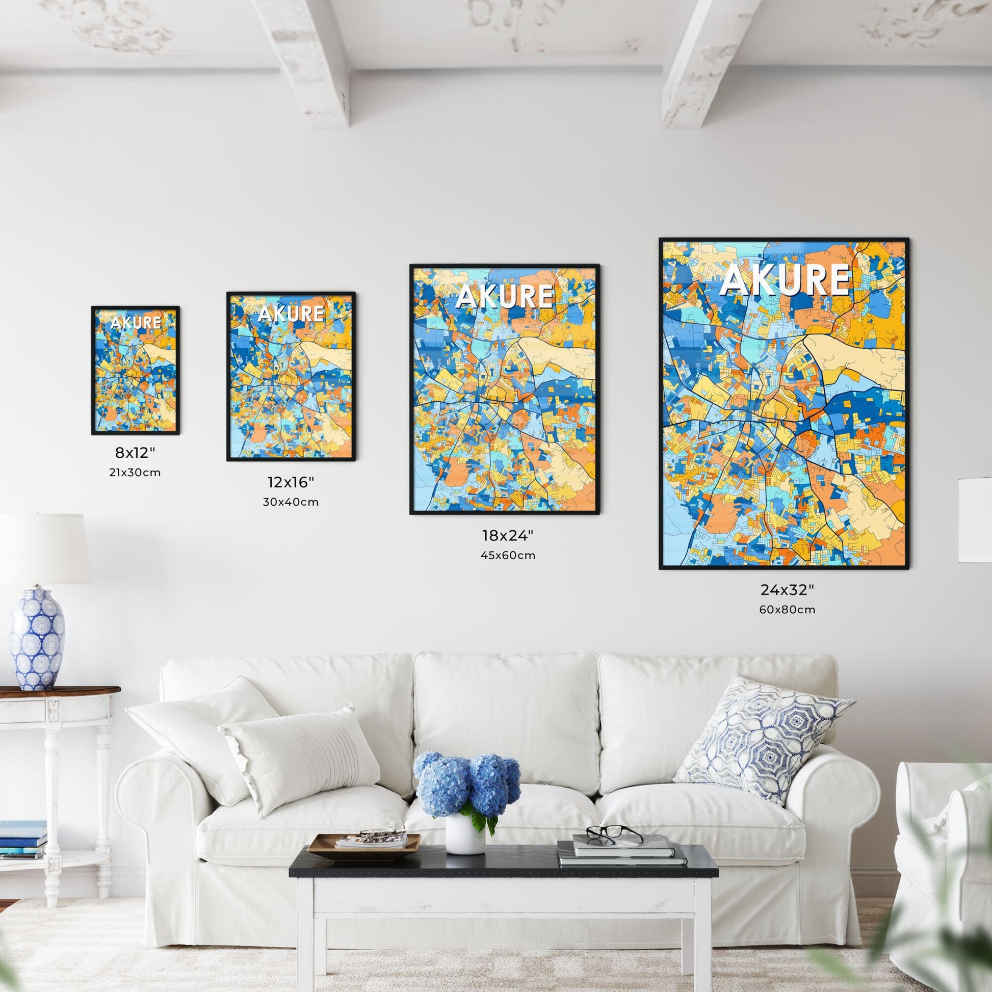 AKURE NIGERIA Vibrant Colorful Art Map Poster Blue Orange