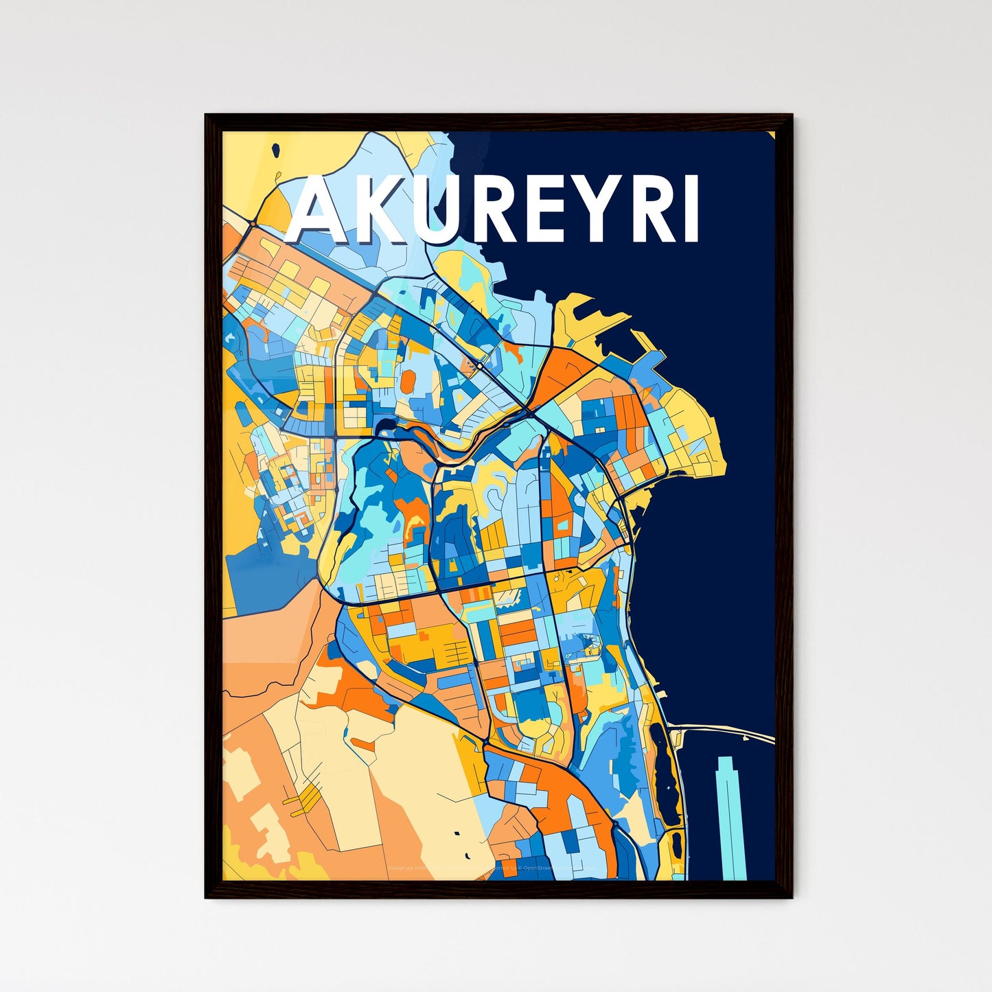 AKUREYRI ICELAND Vibrant Colorful Art Map Poster Blue Orange