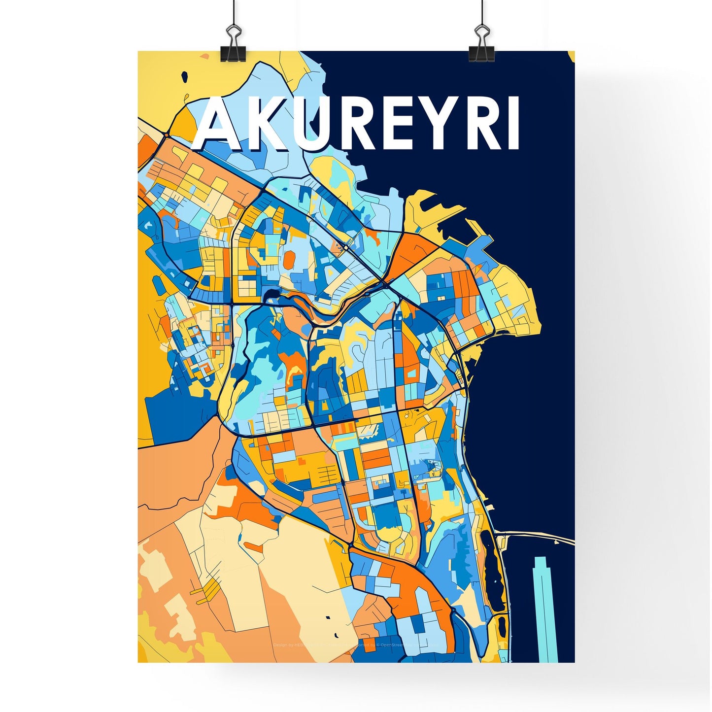 AKUREYRI ICELAND Vibrant Colorful Art Map Poster Blue Orange