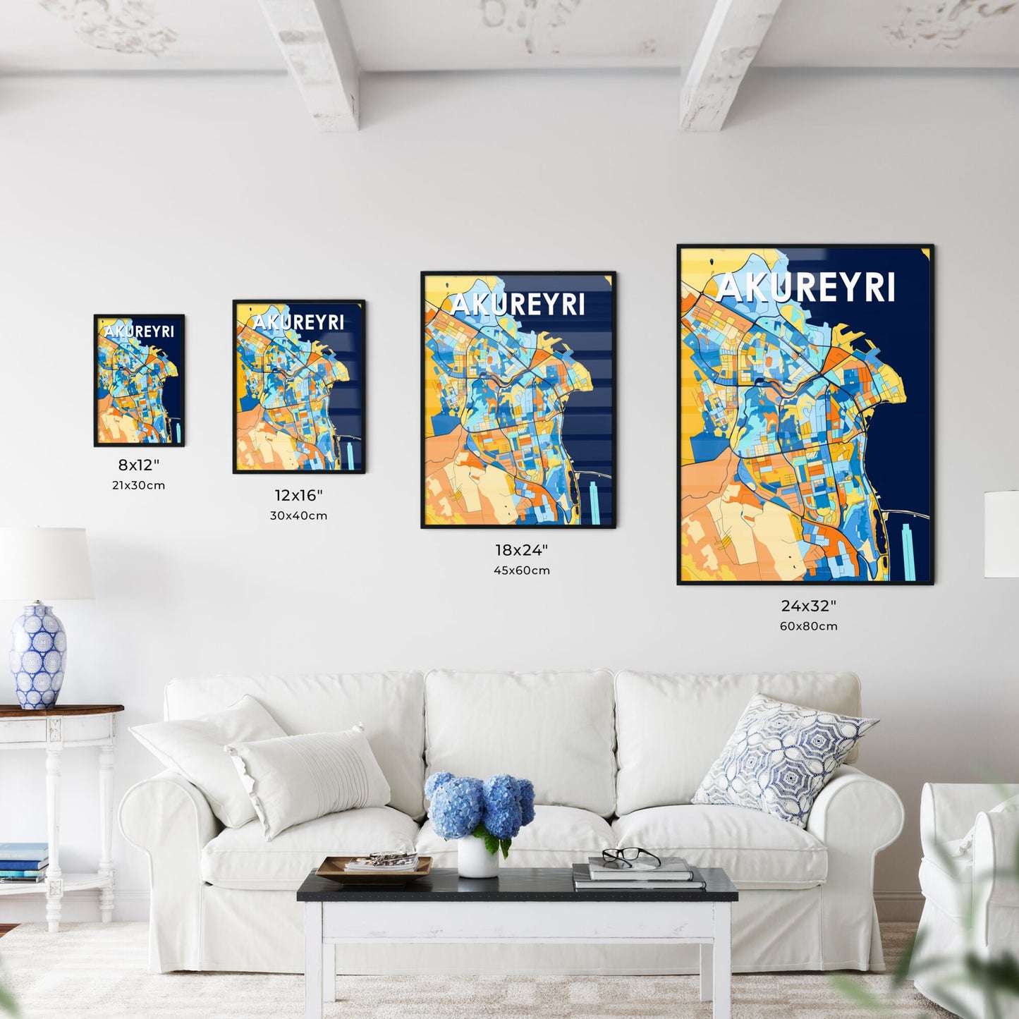 AKUREYRI ICELAND Vibrant Colorful Art Map Poster Blue Orange