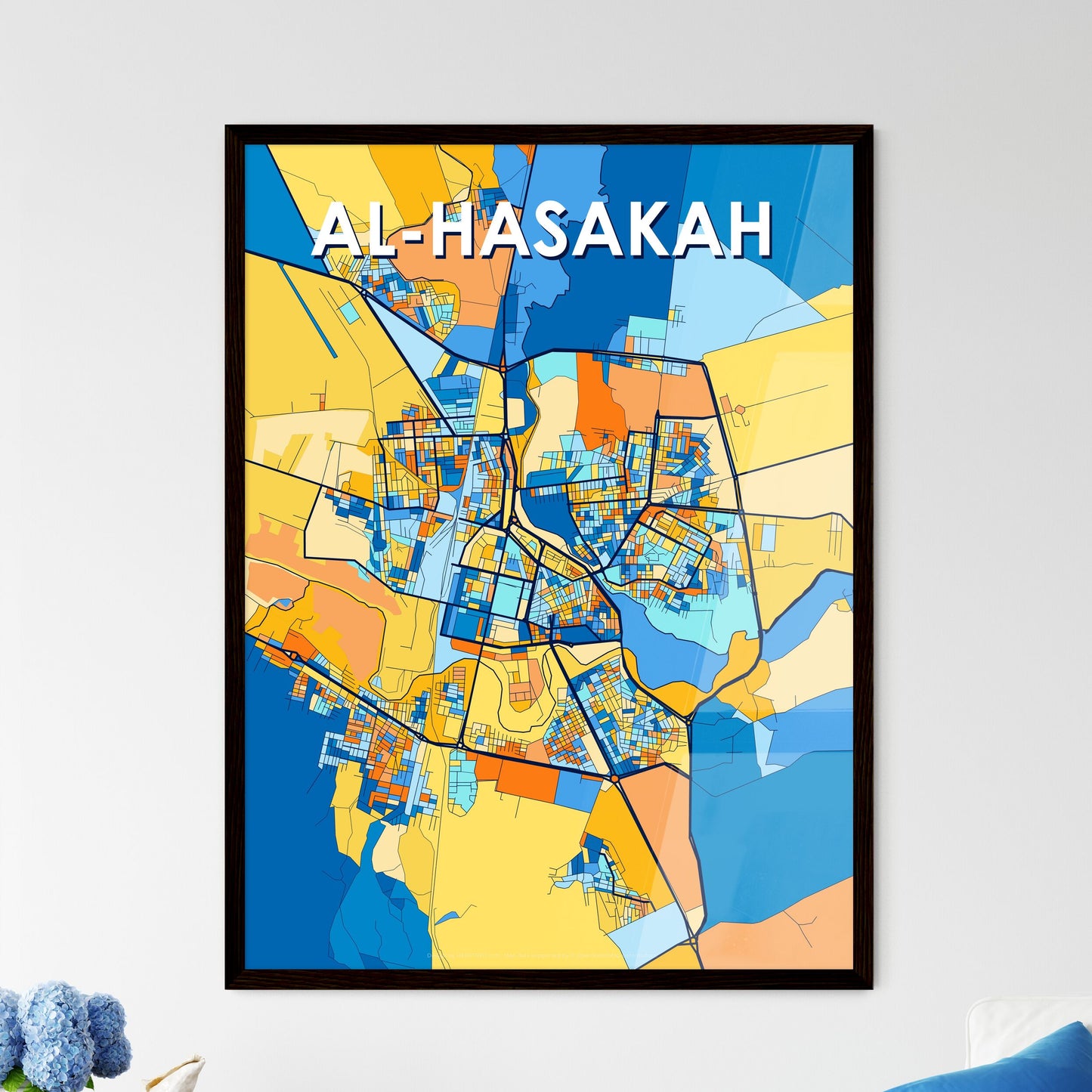 AL-HASAKAH SYRIA Vibrant Colorful Art Map Poster Blue Orange