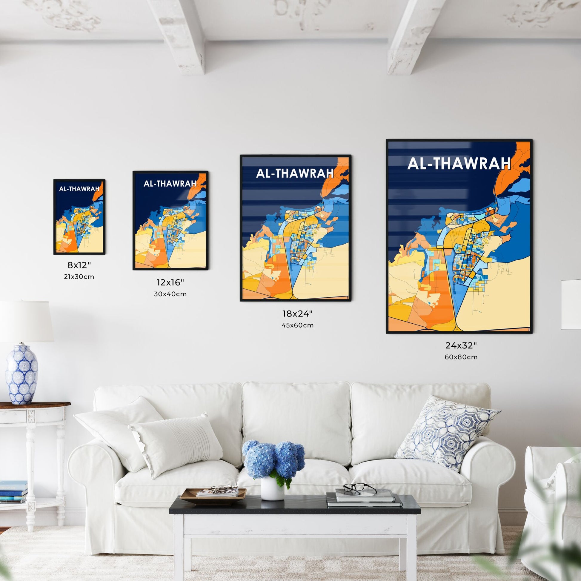 AL-THAWRAH SYRIA Vibrant Colorful Art Map Poster Blue Orange