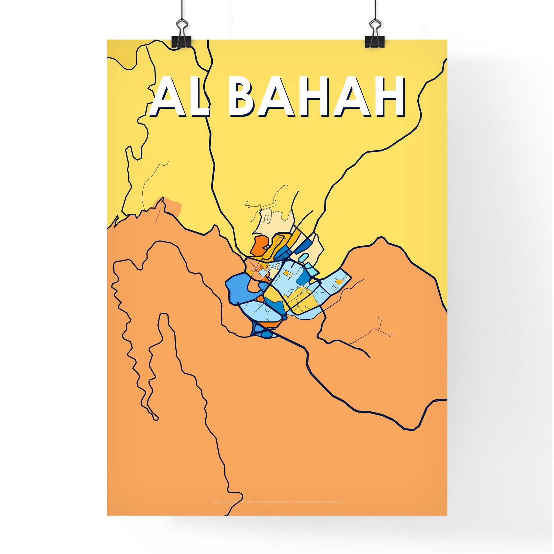 AL BAHAH SAUDI ARABIA Vibrant Colorful Art Map Poster Blue Orange