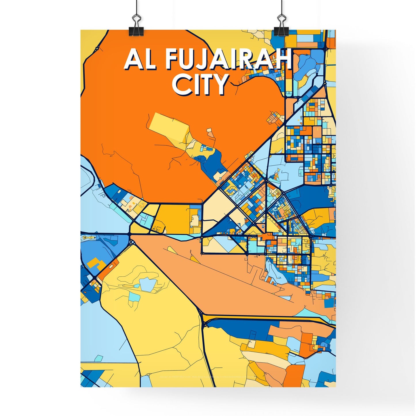 AL FUJAIRAH CITY UNITED ARAB EMIRATES Vibrant Colorful Art Map Poster Blue Orange