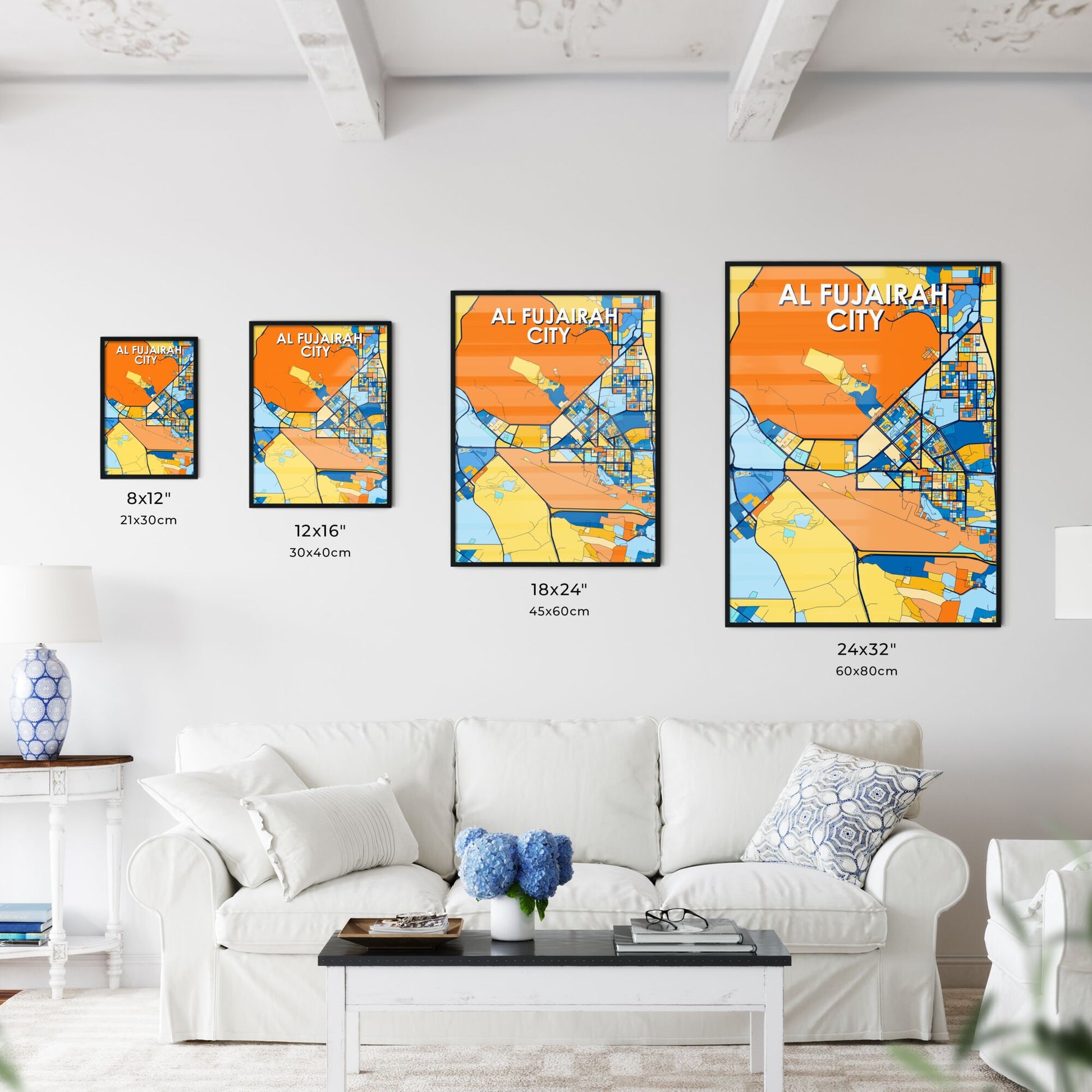 AL FUJAIRAH CITY UNITED ARAB EMIRATES Vibrant Colorful Art Map Poster Blue Orange