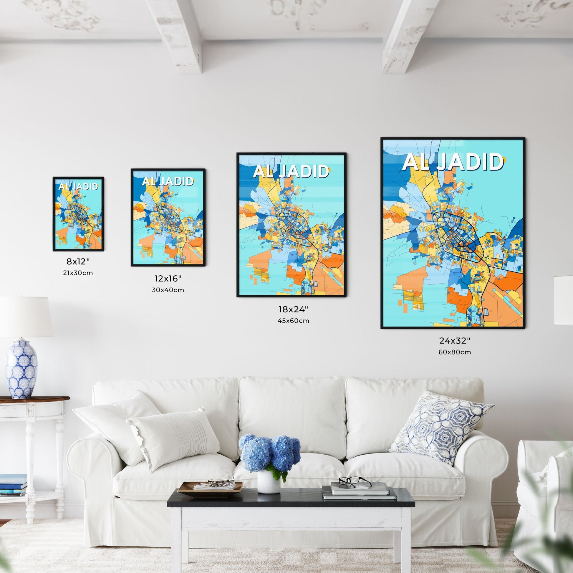 AL JADID LIBYA Vibrant Colorful Art Map Poster Blue Orange