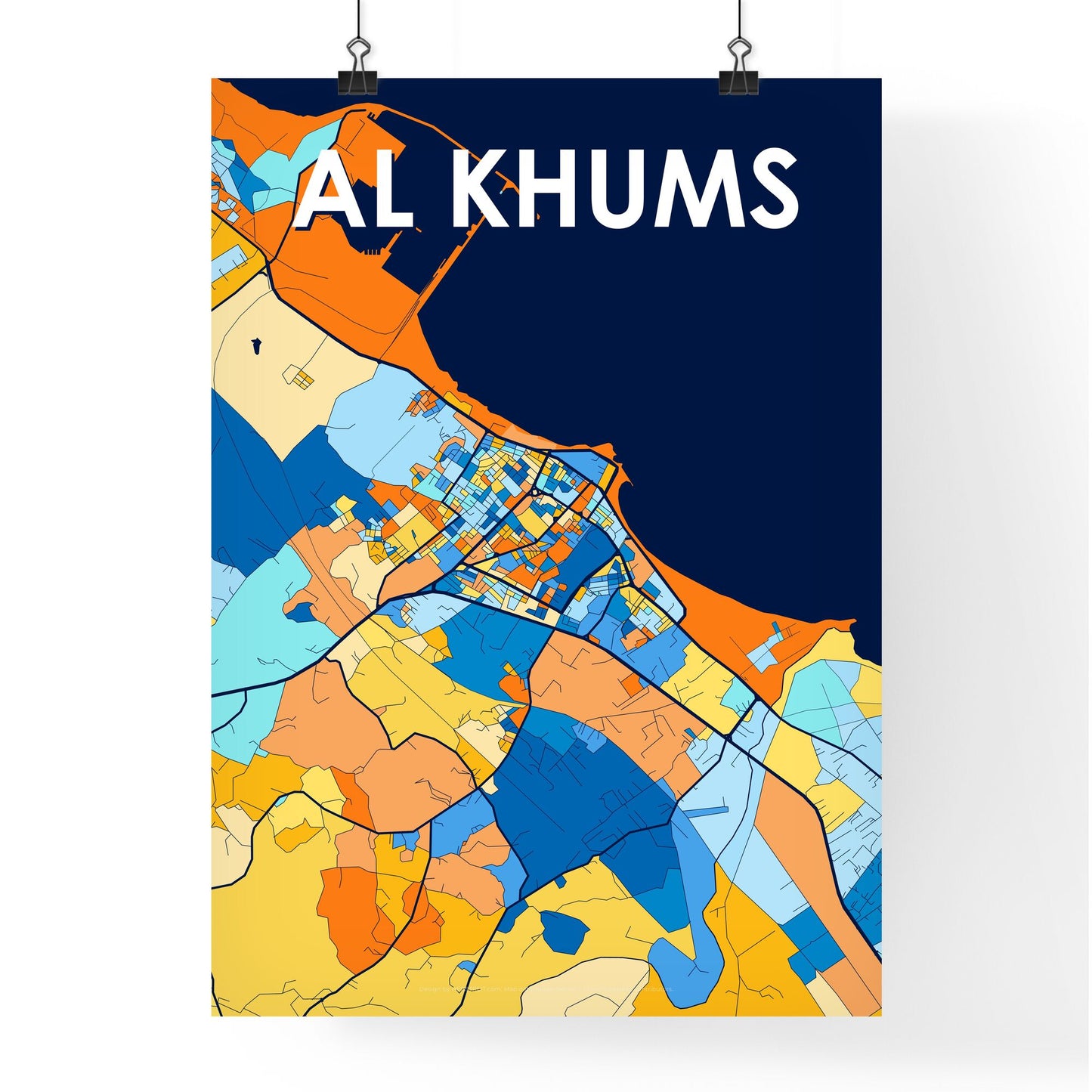 AL KHUMS LIBYA Vibrant Colorful Art Map Poster Blue Orange