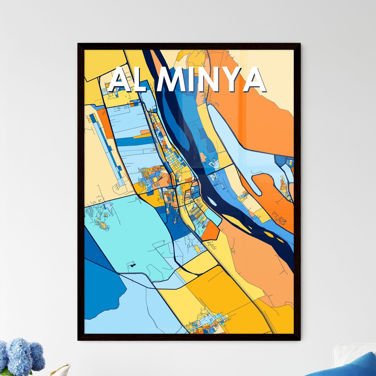 AL MINYA EGYPT Vibrant Colorful Art Map Poster Blue Orange