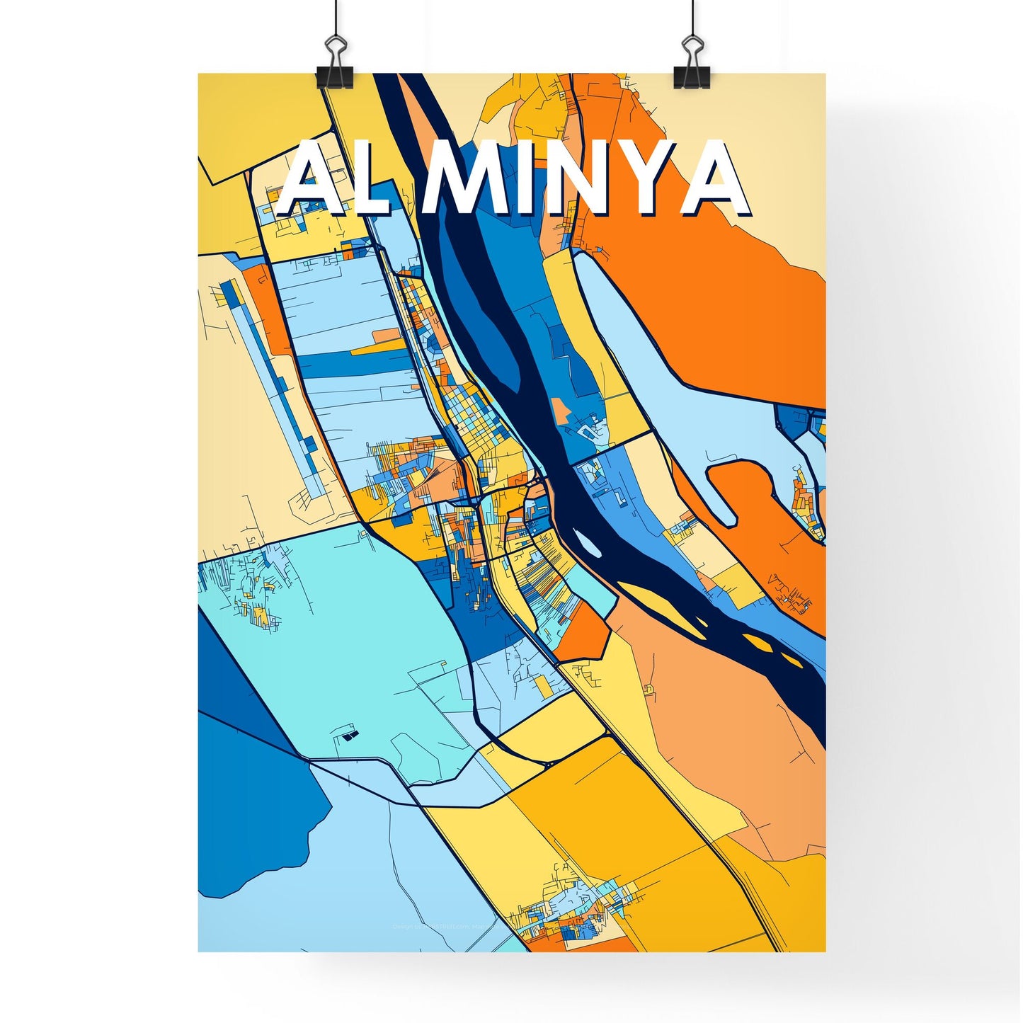 AL MINYA EGYPT Vibrant Colorful Art Map Poster Blue Orange