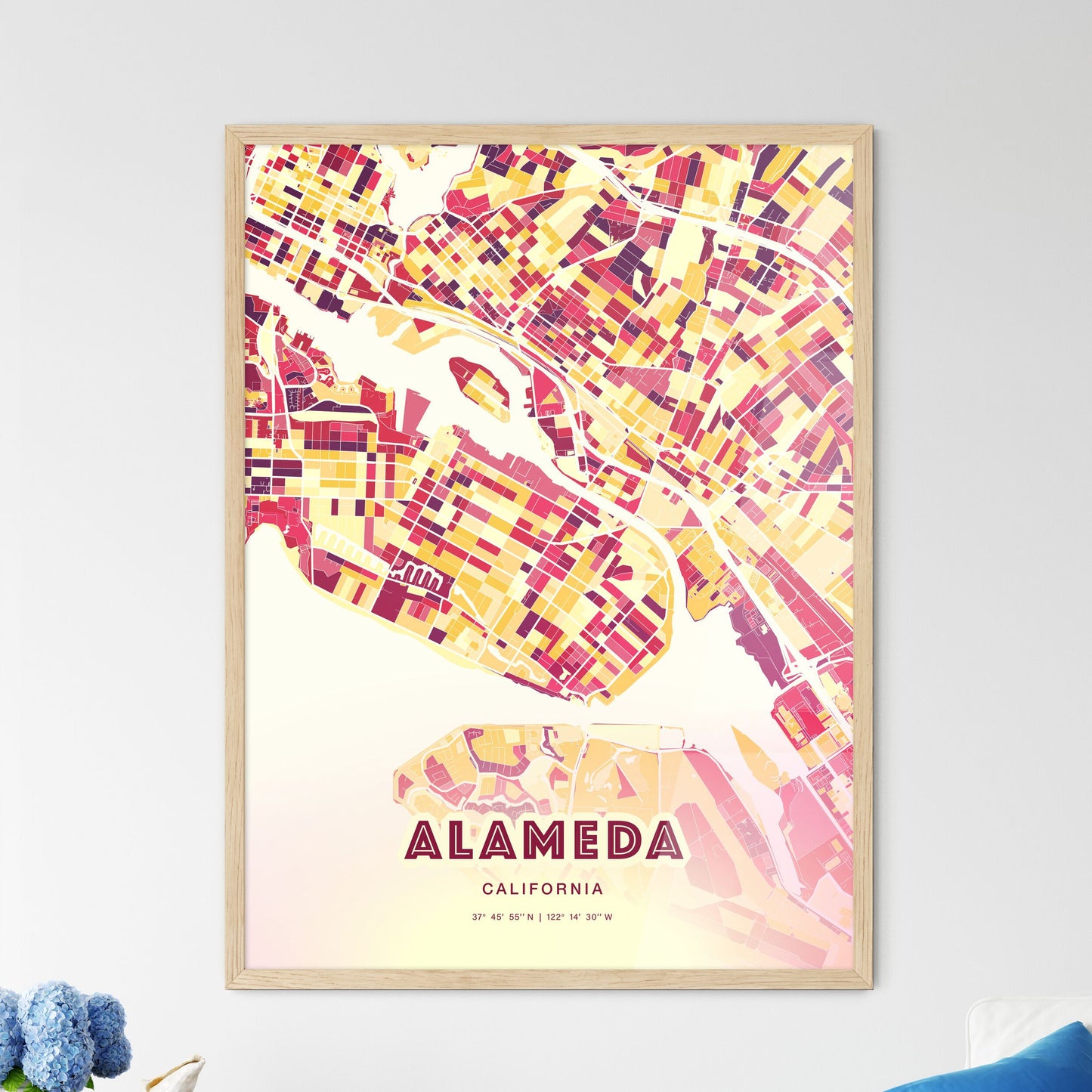 Colorful Alameda California Fine Art Map Hot Red