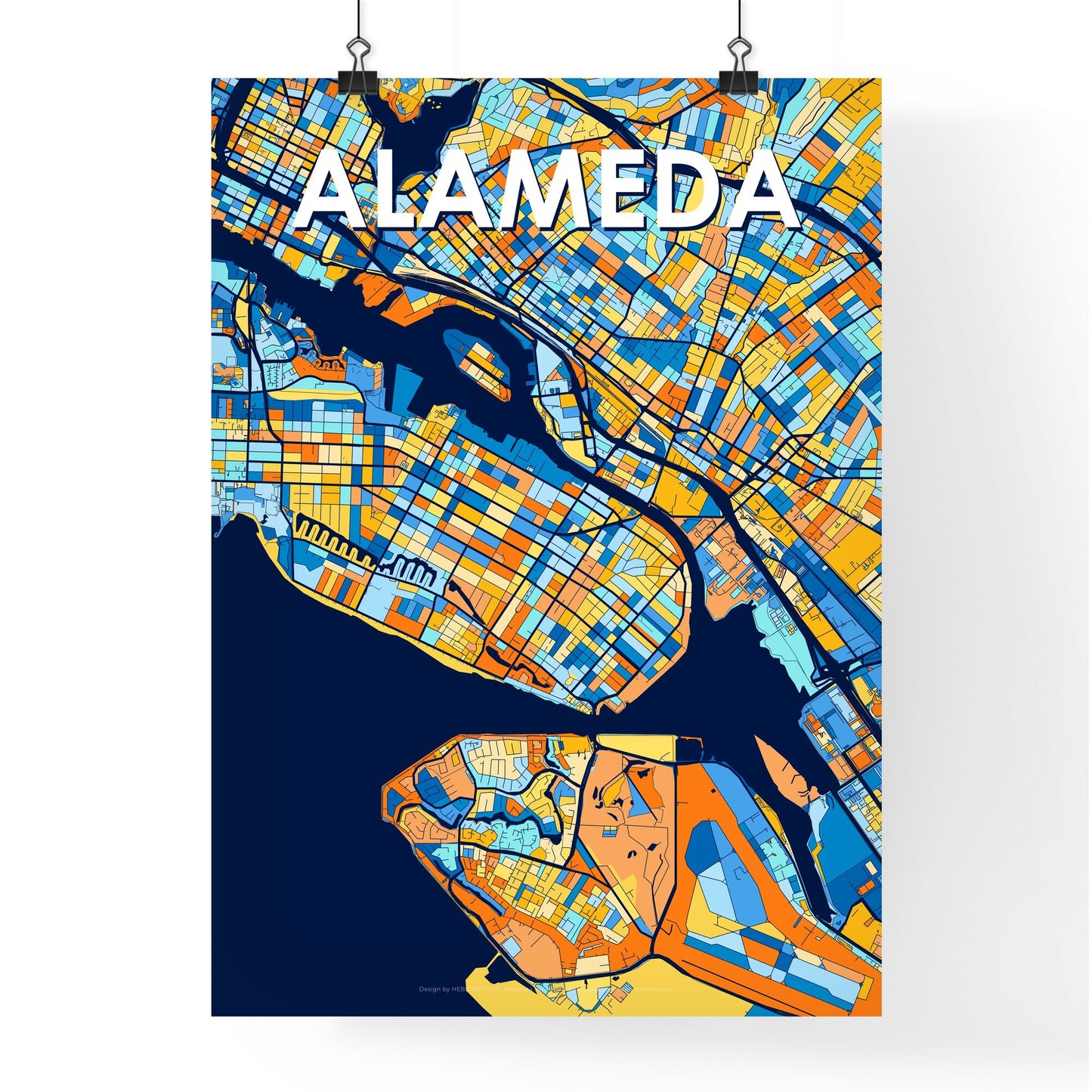 ALAMEDA CALIFORNIA Vibrant Colorful Art Map Poster Blue Orange