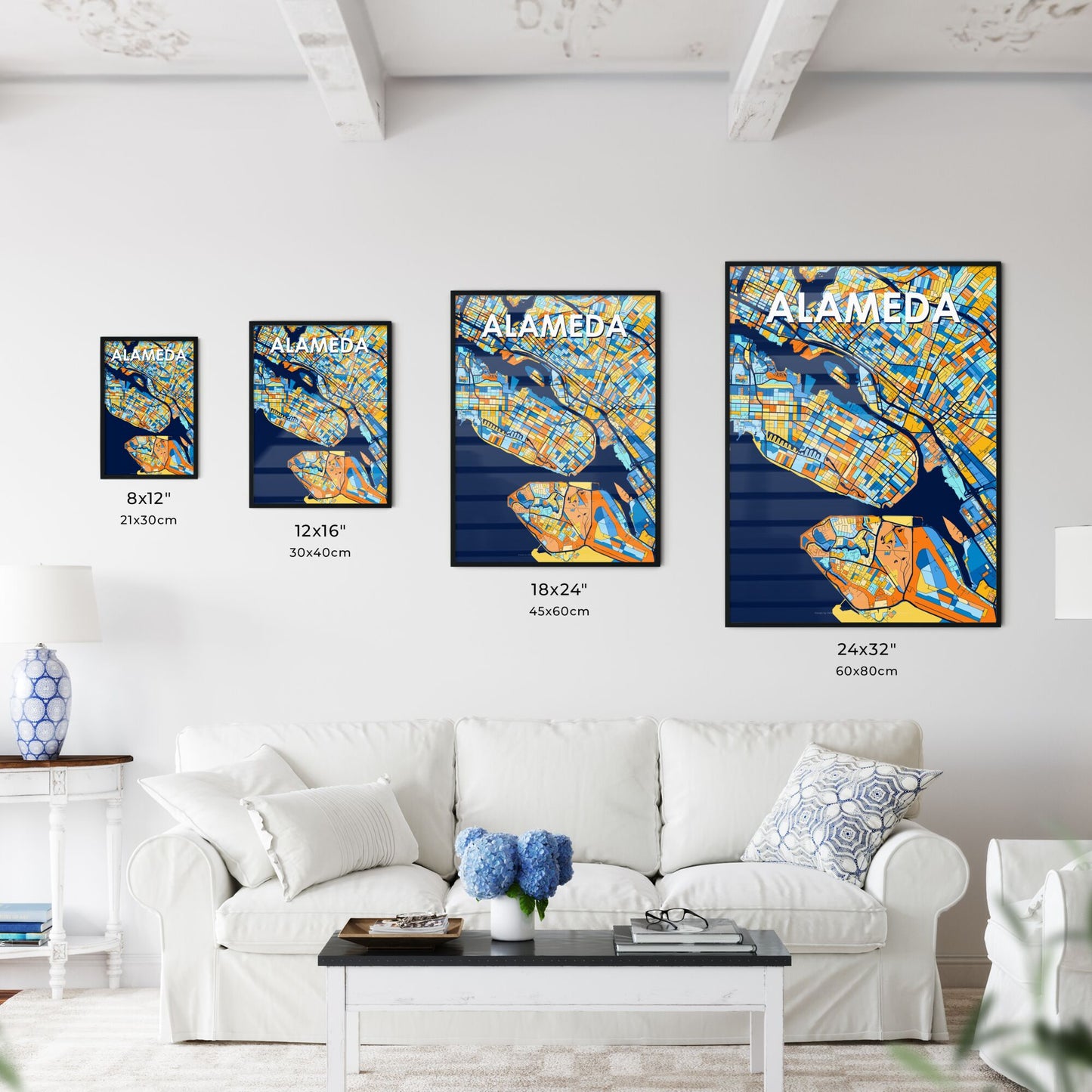 ALAMEDA CALIFORNIA Vibrant Colorful Art Map Poster Blue Orange