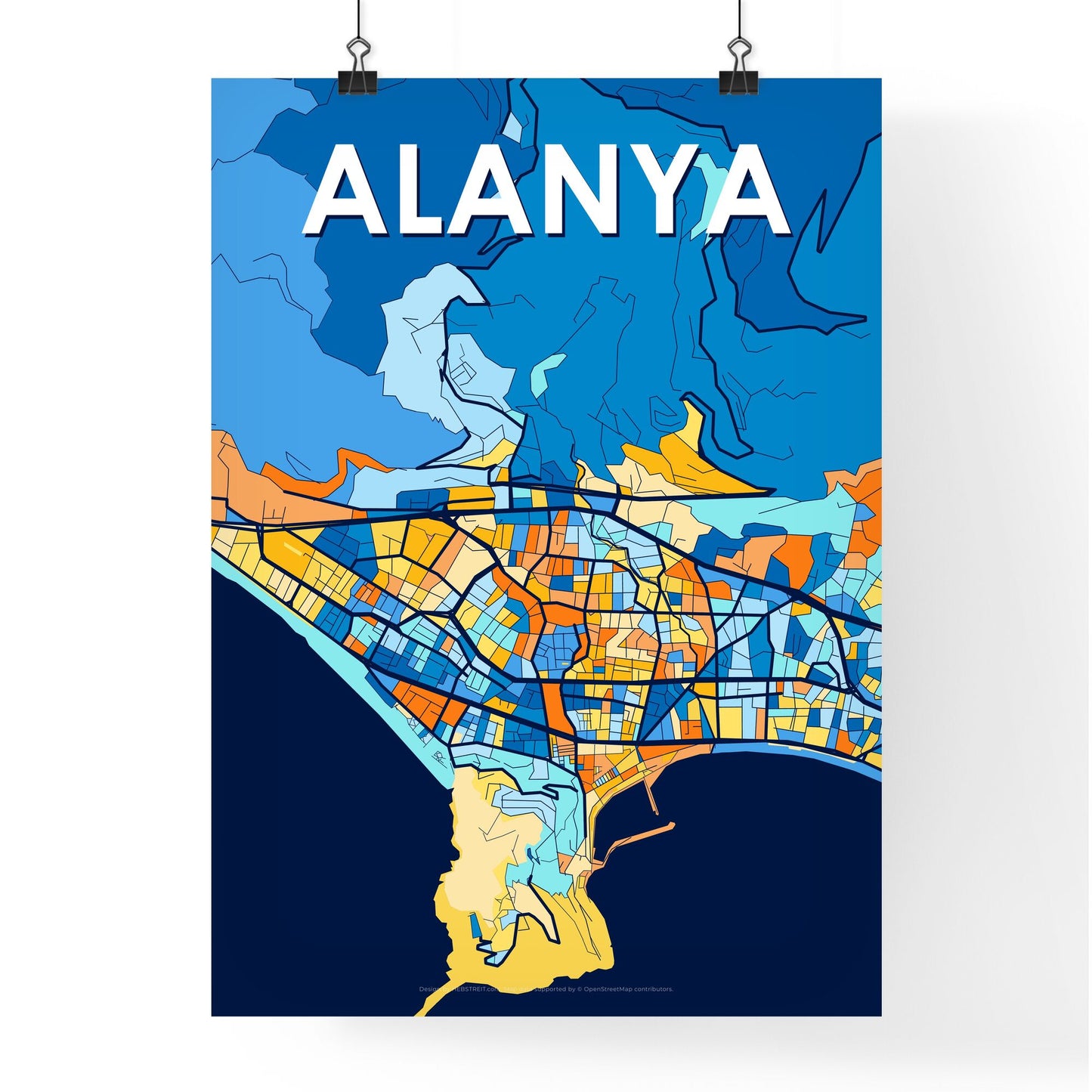 ALANYA TURKEY Vibrant Colorful Art Map Poster Blue Orange