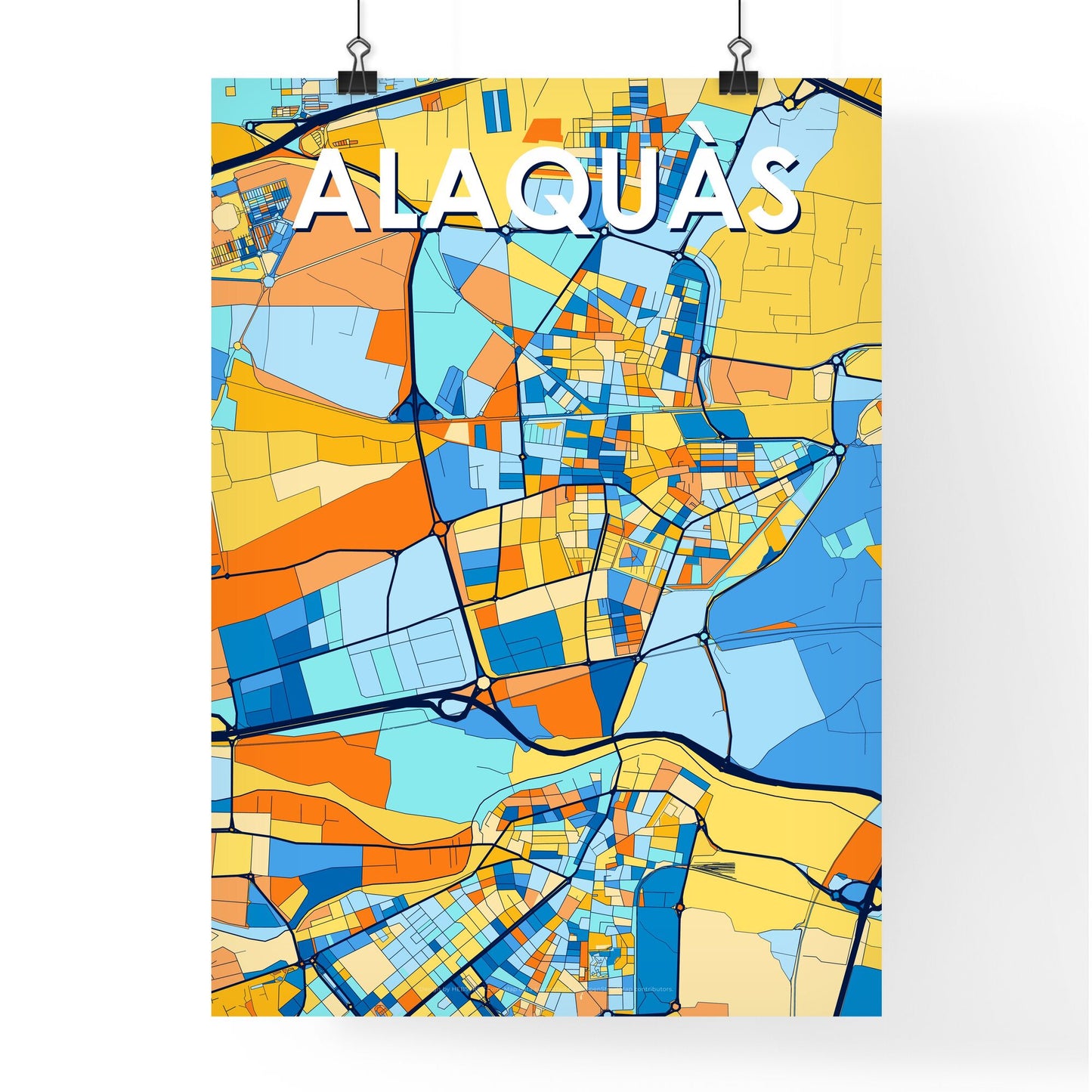 ALAQUÀS SPAIN Vibrant Colorful Art Map Poster Blue Orange