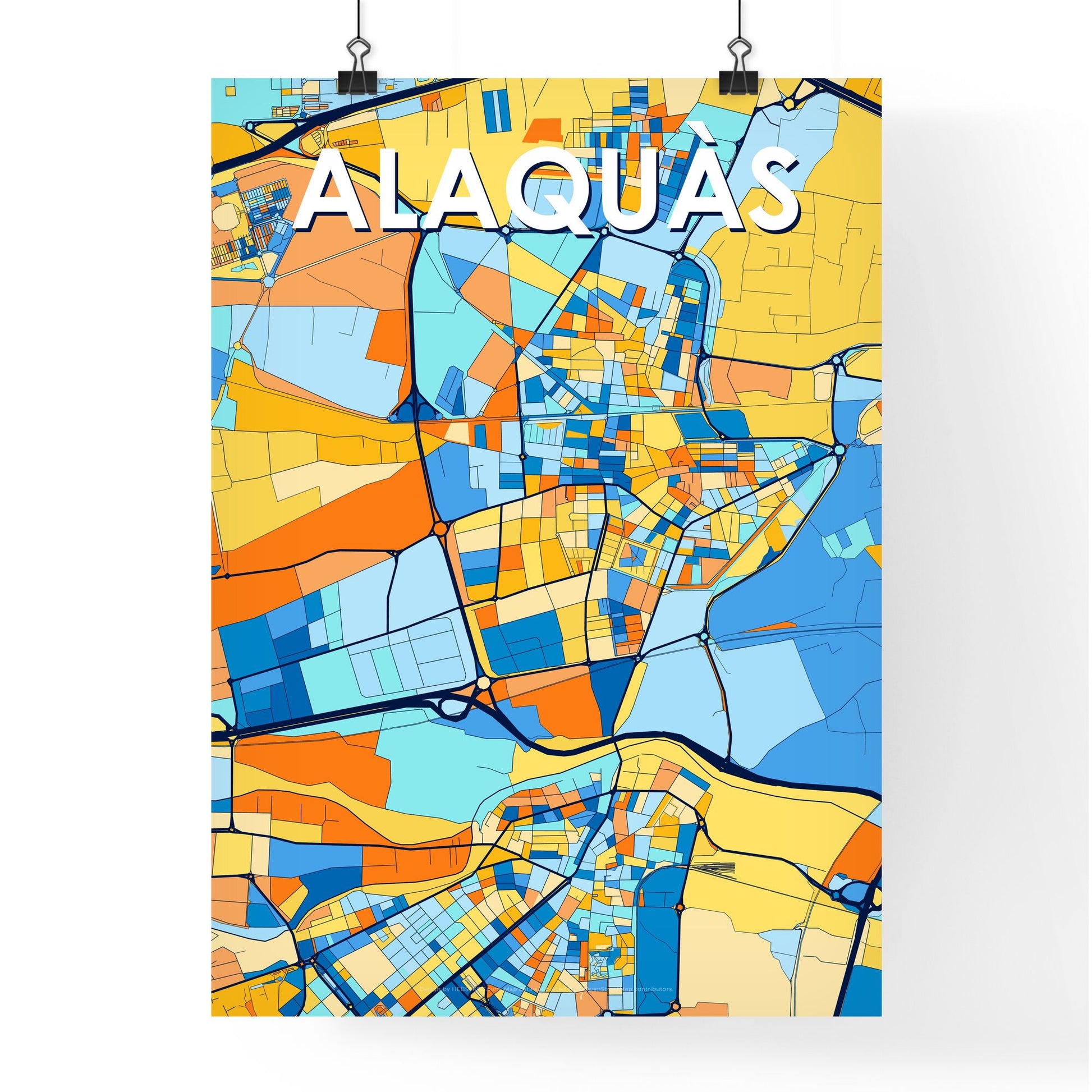 ALAQUÀS SPAIN Vibrant Colorful Art Map Poster Blue Orange