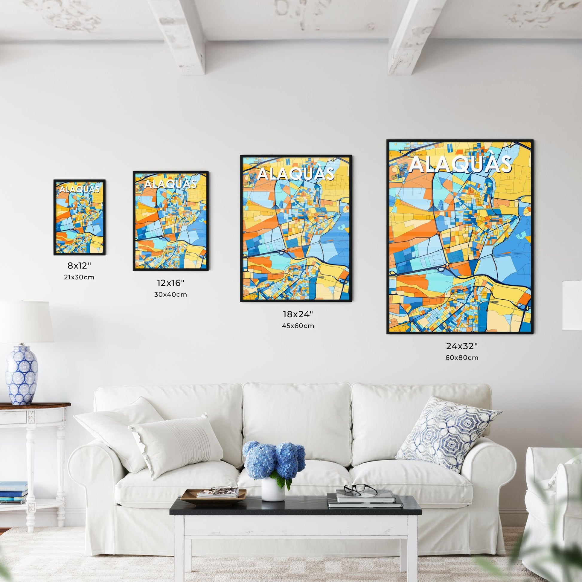 ALAQUÀS SPAIN Vibrant Colorful Art Map Poster Blue Orange