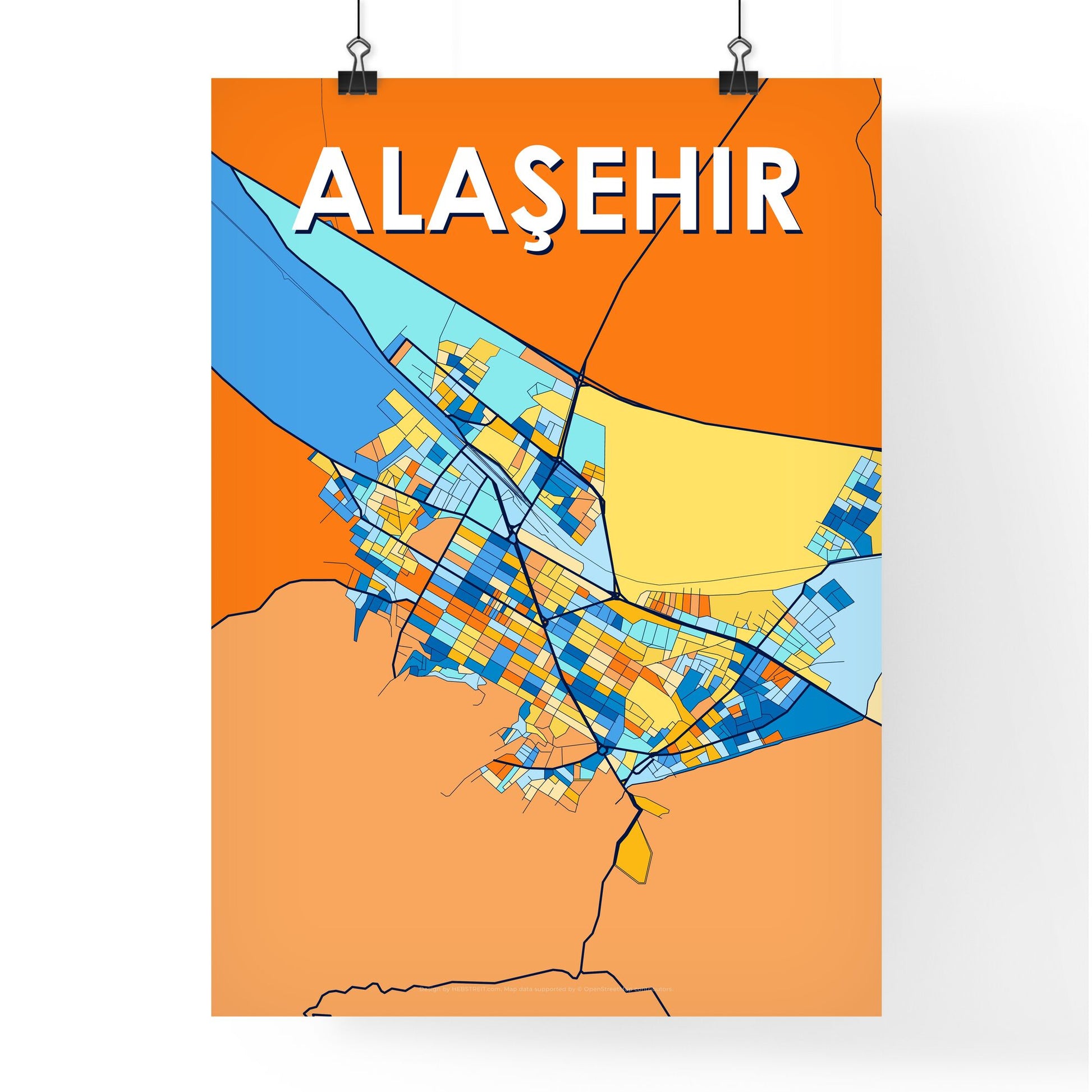 ALAŞEHIR TURKEY Vibrant Colorful Art Map Poster Blue Orange