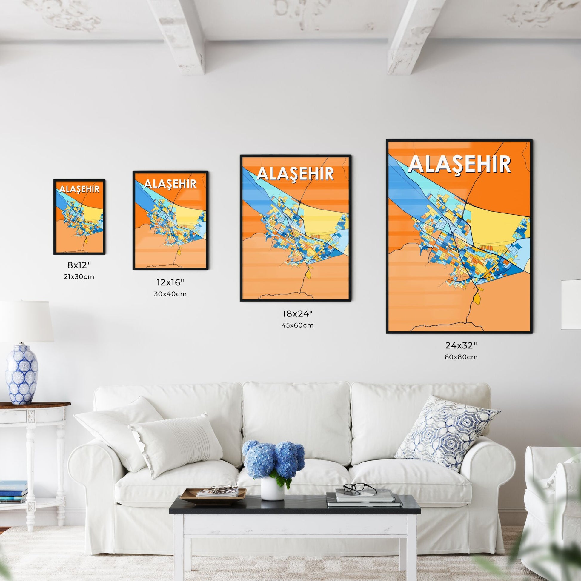 ALAŞEHIR TURKEY Vibrant Colorful Art Map Poster Blue Orange