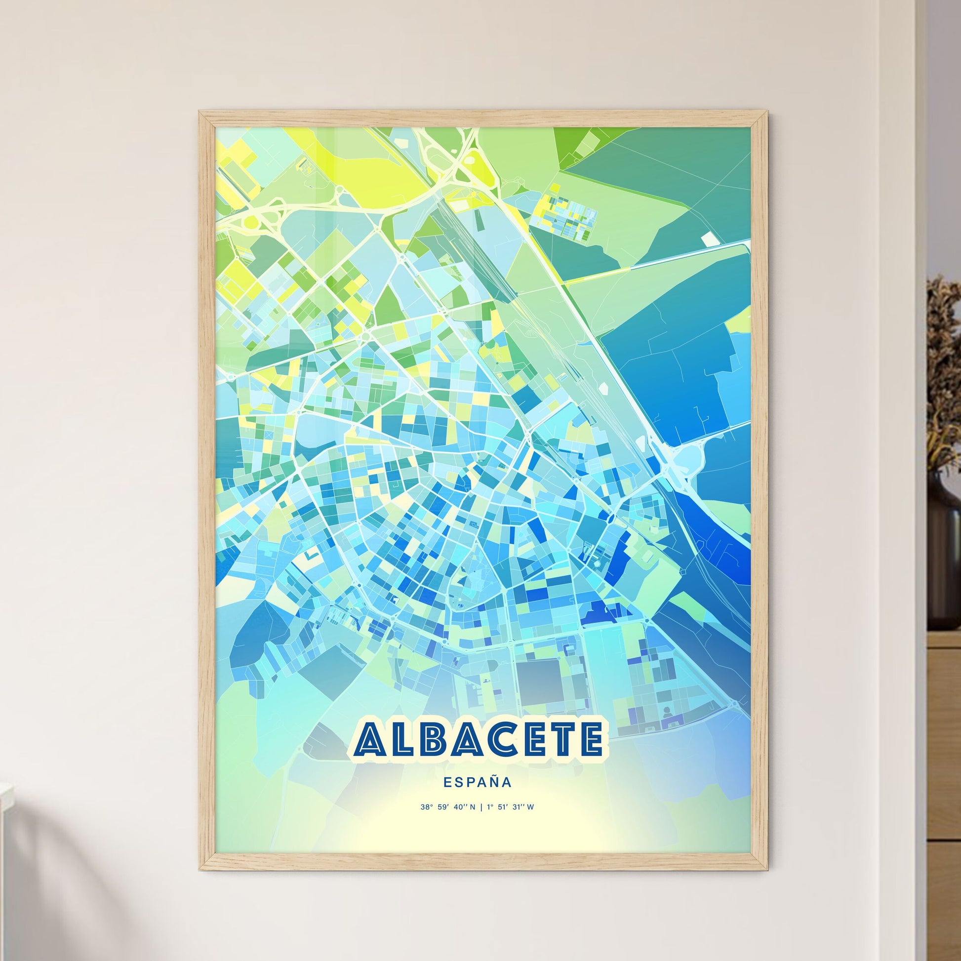 Colorful Albacete Spain Fine Art Map Cool Blue