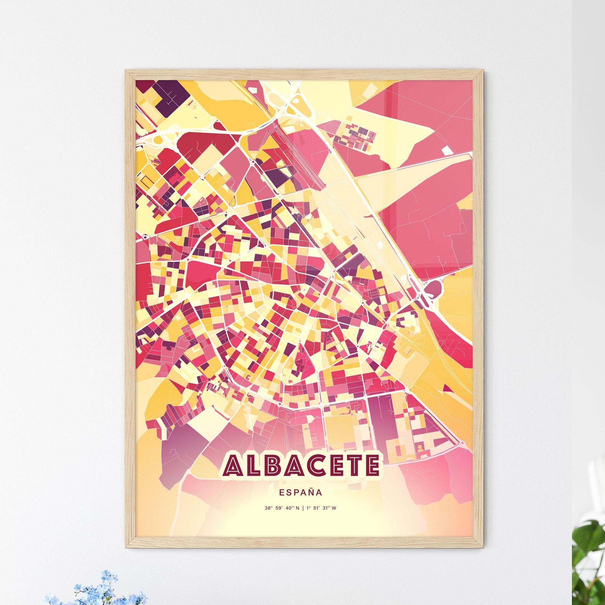 Colorful Albacete Spain Fine Art Map Hot Red
