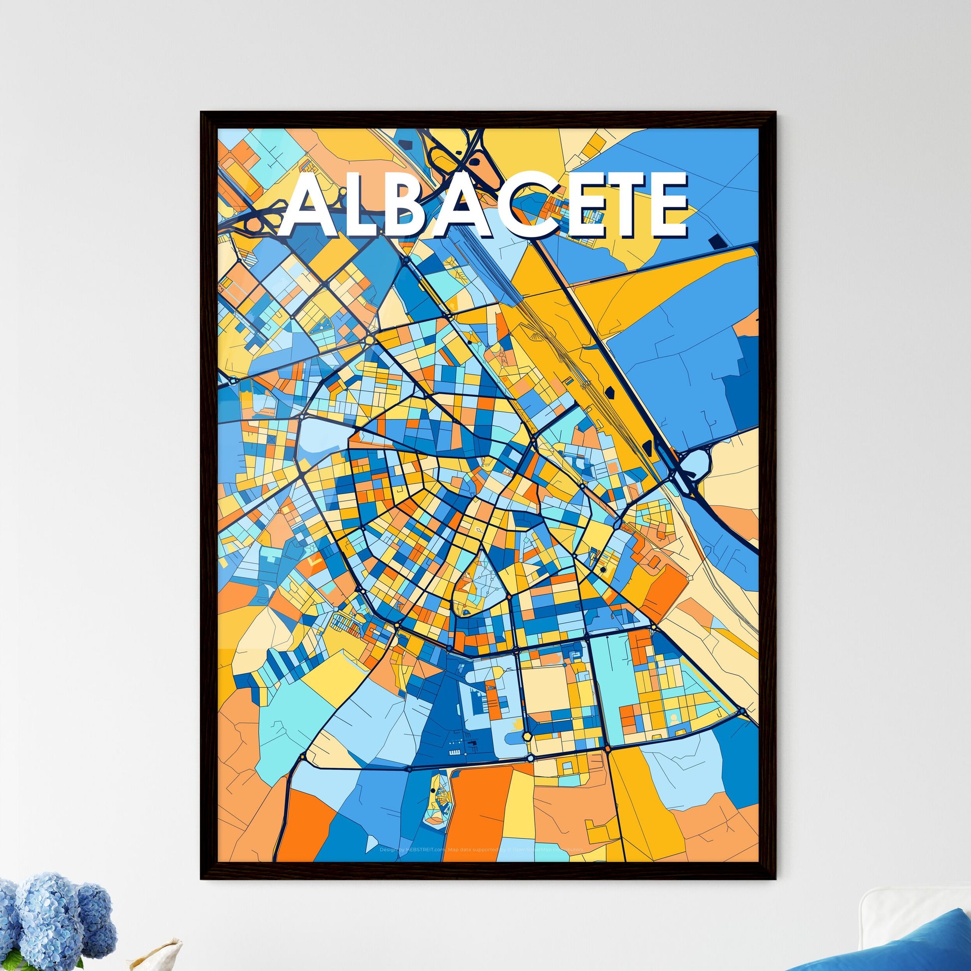 ALBACETE SPAIN Vibrant Colorful Art Map Poster Blue Orange