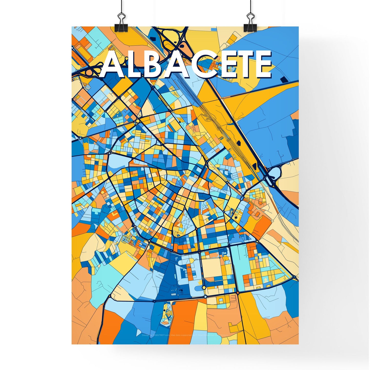 ALBACETE SPAIN Vibrant Colorful Art Map Poster Blue Orange