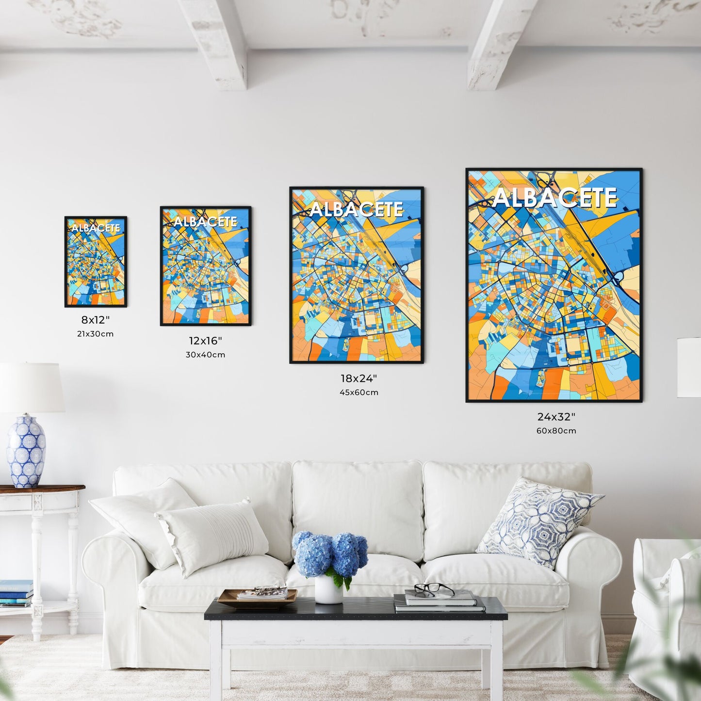 ALBACETE SPAIN Vibrant Colorful Art Map Poster Blue Orange